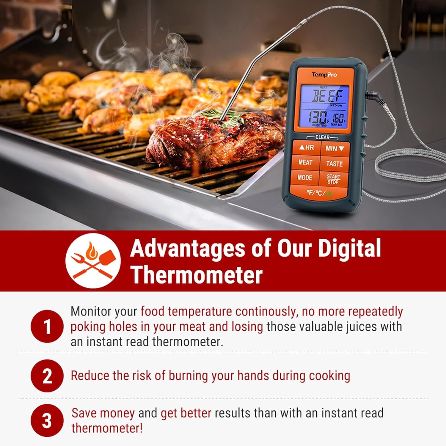 ترمومتر دیجیتال غذا ThermoPro با پروب استیل و صفحه رنگی مدل TP06B ترمومتر دیجیتال غذا ThermoPro با پروب استیل و صفحه رنگی مدل TP06B