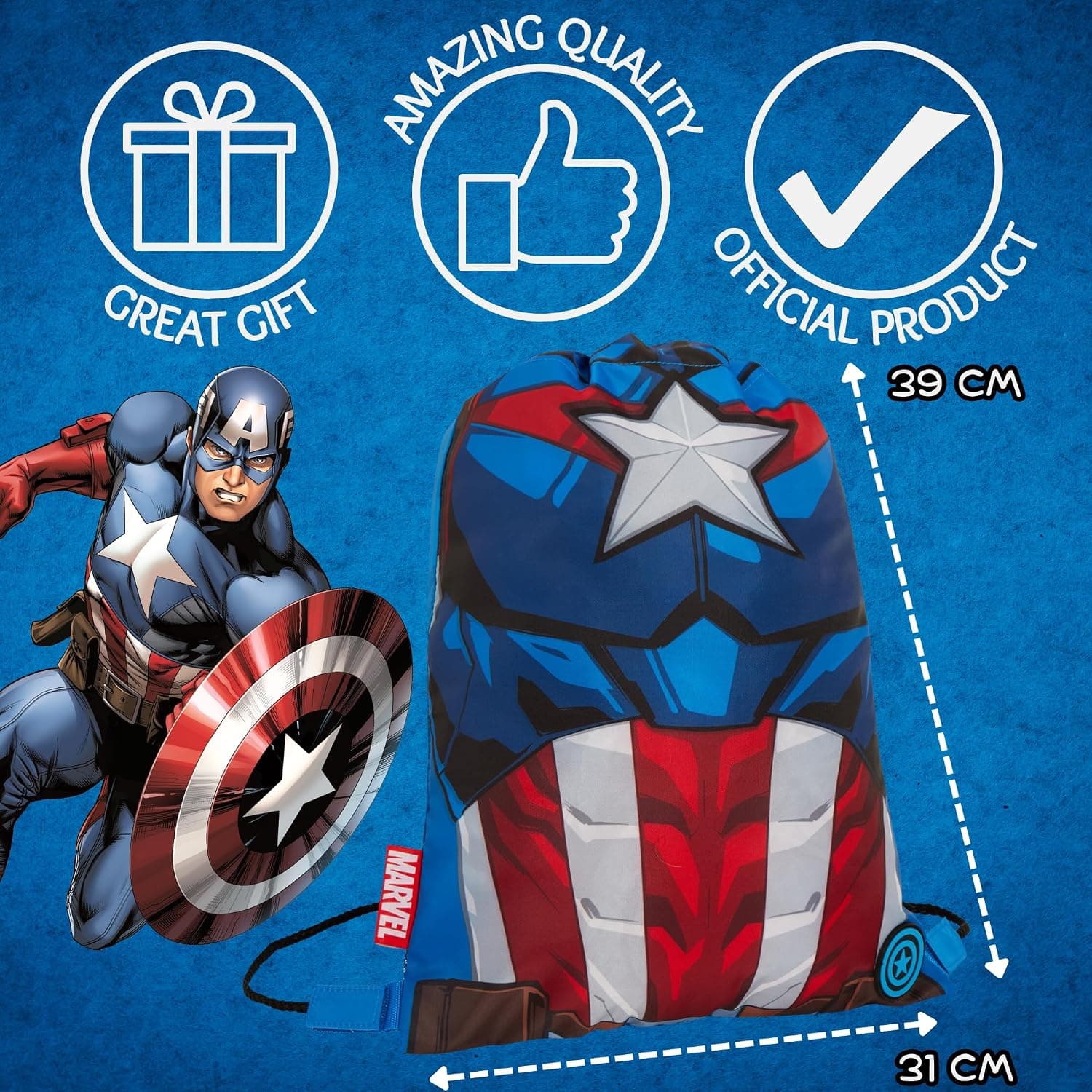 کولهپشتی ورزشی پسرانه Marvel با بند کشی Captain America مدل Avengers کولهپشتی ورزشی پسرانه Marvel با بند کشی Captain America مدل Avengers