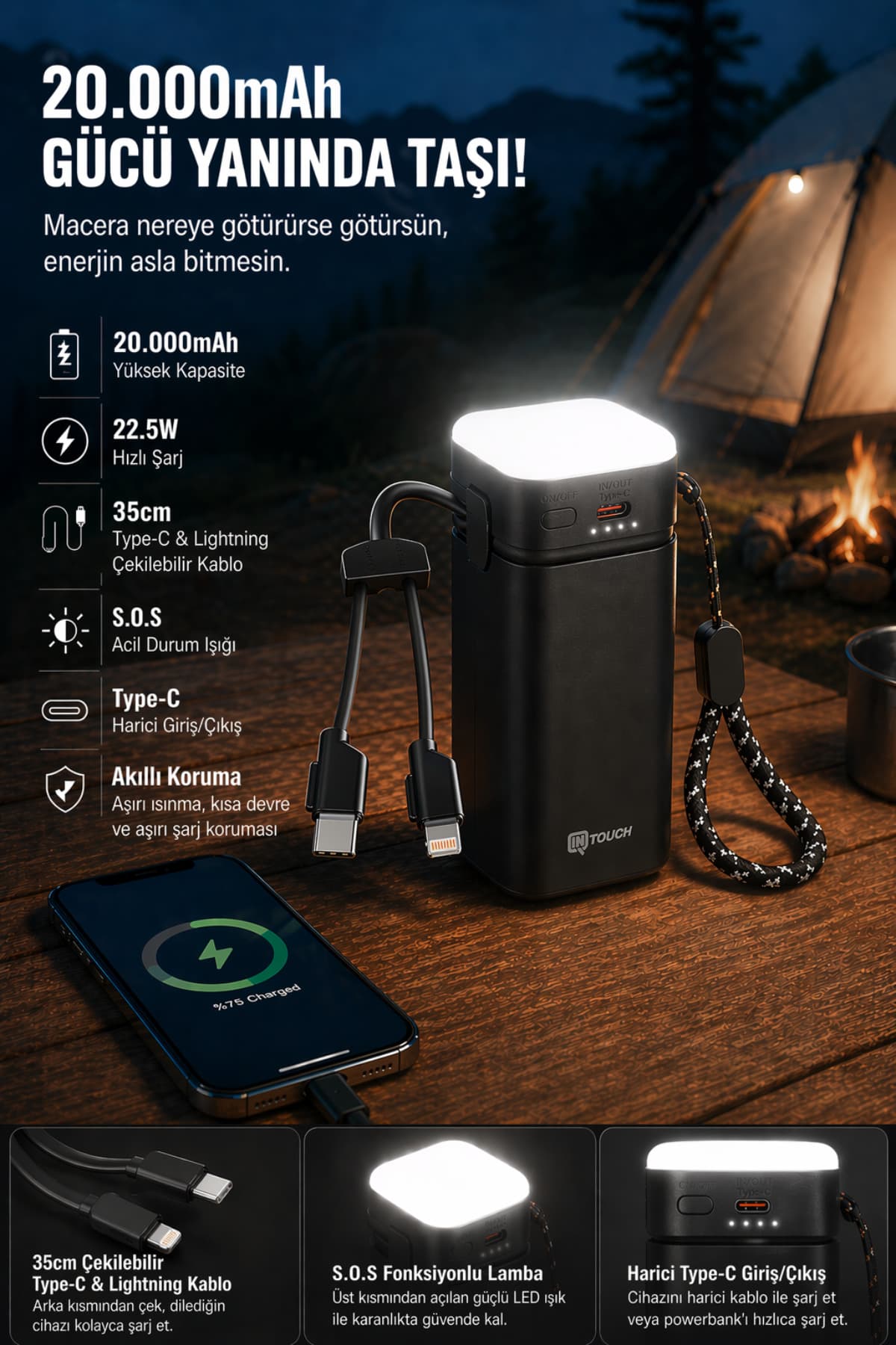 چراغ کمپینگ LED İntouch سری Outdoor با پاوربانک 20.000 Mah و شارژ سریع کابلی 22,5W PD چراغ کمپینگ LED İntouch سری Outdoor با پاوربانک 20.000 Mah و شارژ سریع کابلی 22,5W PD