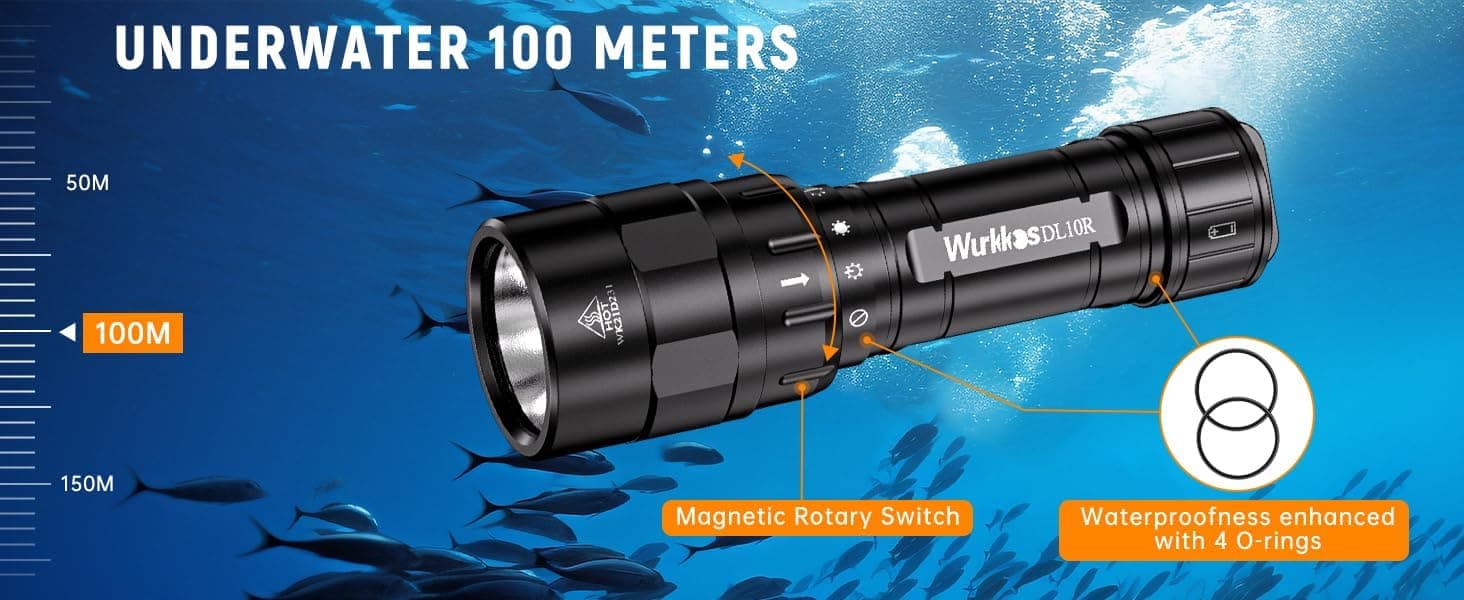 چراغ غواصی Wurkkos با روشنایی 4500 Lumen و کلید چرخشی مغناطیسی، مدل DL10R چراغ غواصی Wurkkos با روشنایی 4500 Lumen و کلید چرخشی مغناطیسی، مدل DL10R