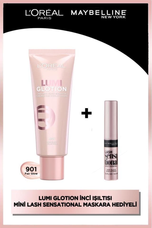محصول آرایشی L'Oreal Paris Glotion All-in-one روشنکننده 901 - Fair Glow، 40 ml و Mini Lash Sensational Mascara محصول آرایشی L'Oreal Paris Glotion All-in-one روشنکننده 901 - Fair Glow، 40 ml و Mini Lash Sensational Mascara