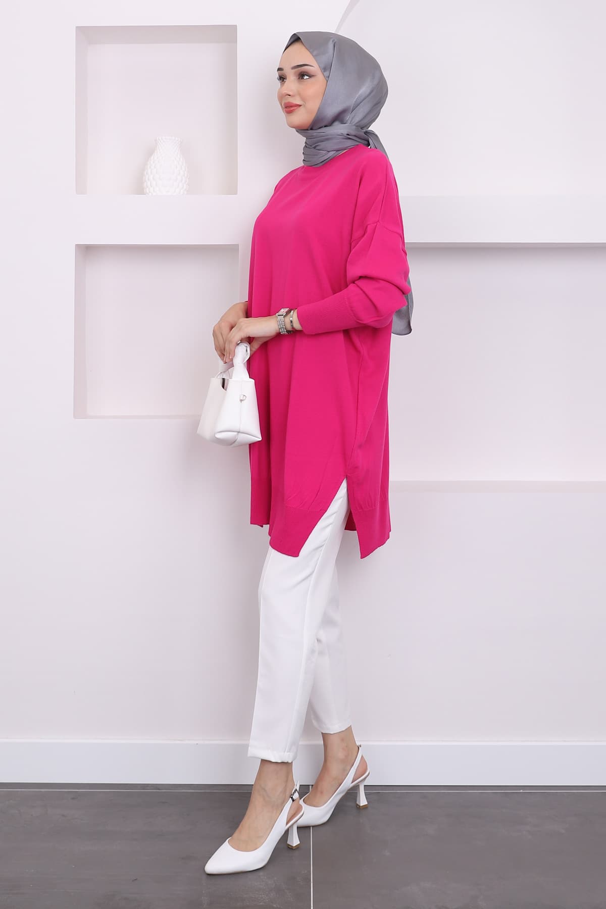 تونیک بافتنی زنانه İmajButik یقه گرد Merserize گشاد فوشیای تیره تونیک بافتنی زنانه İmajButik یقه گرد Merserize گشاد فوشیای تیره