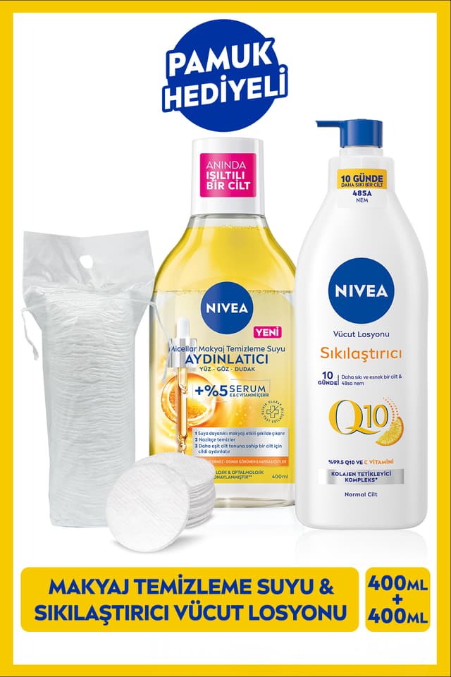 ست پاککننده میسلار NIVEA روشنکننده 400ml و لوسیون Q10 400ml هدیه پنبه ست پاککننده میسلار NIVEA روشنکننده 400ml و لوسیون Q10 400ml هدیه پنبه