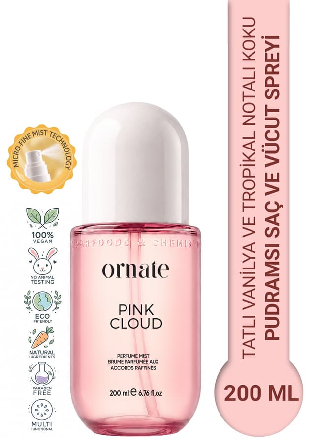 اسپری بدن و مو ORNATE Pink Cloud با رایحه وانیل و تروپیکال 200 ml اسپری بدن و مو ORNATE Pink Cloud با رایحه وانیل و تروپیکال 200 ml
