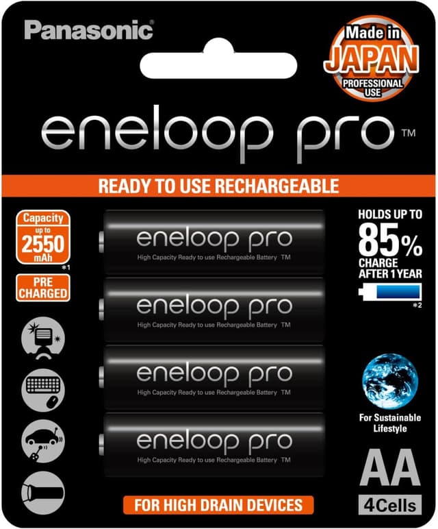 باتریهای شارژی AA Panasonic eneloop pro ظرفیت 2550mAh، بسته 4 عددی مدل BK-3HCCE4BT3 باتریهای شارژی AA Panasonic eneloop pro ظرفیت 2550mAh، بسته 4 عددی مدل BK-3HCCE4BT3
