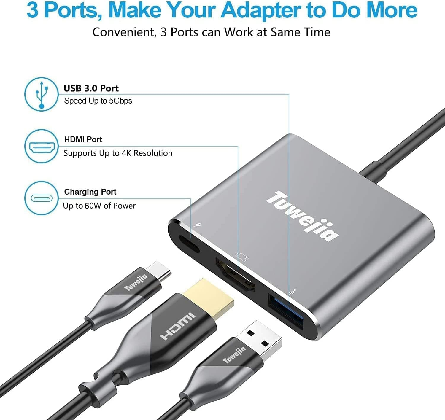آداپتور چندمنظوره Tuwejia USB C به HDMI با خروجی HDMI 4K، USB 3.0 و شارژ USB-C سازگار با MacBook/MacBook Pro/Chr آداپتور چندمنظوره Tuwejia USB C به HDMI با خروجی HDMI 4K، USB 3.0 و شارژ USB-C سازگار با MacBook/MacBook Pro/Chr