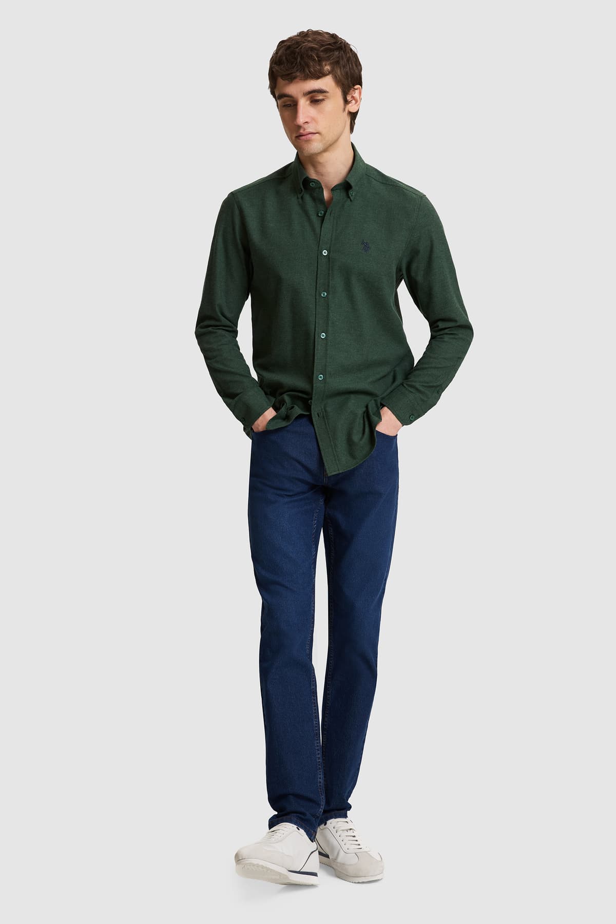 پیراهن مردانه U.S. Polo Assn. سبز تیره اسلیم فیت آستین بلند بیسیک مدل 50332397-VR079 پیراهن مردانه U.S. Polo Assn. سبز تیره اسلیم فیت آستین بلند بیسیک مدل 50332397-VR079