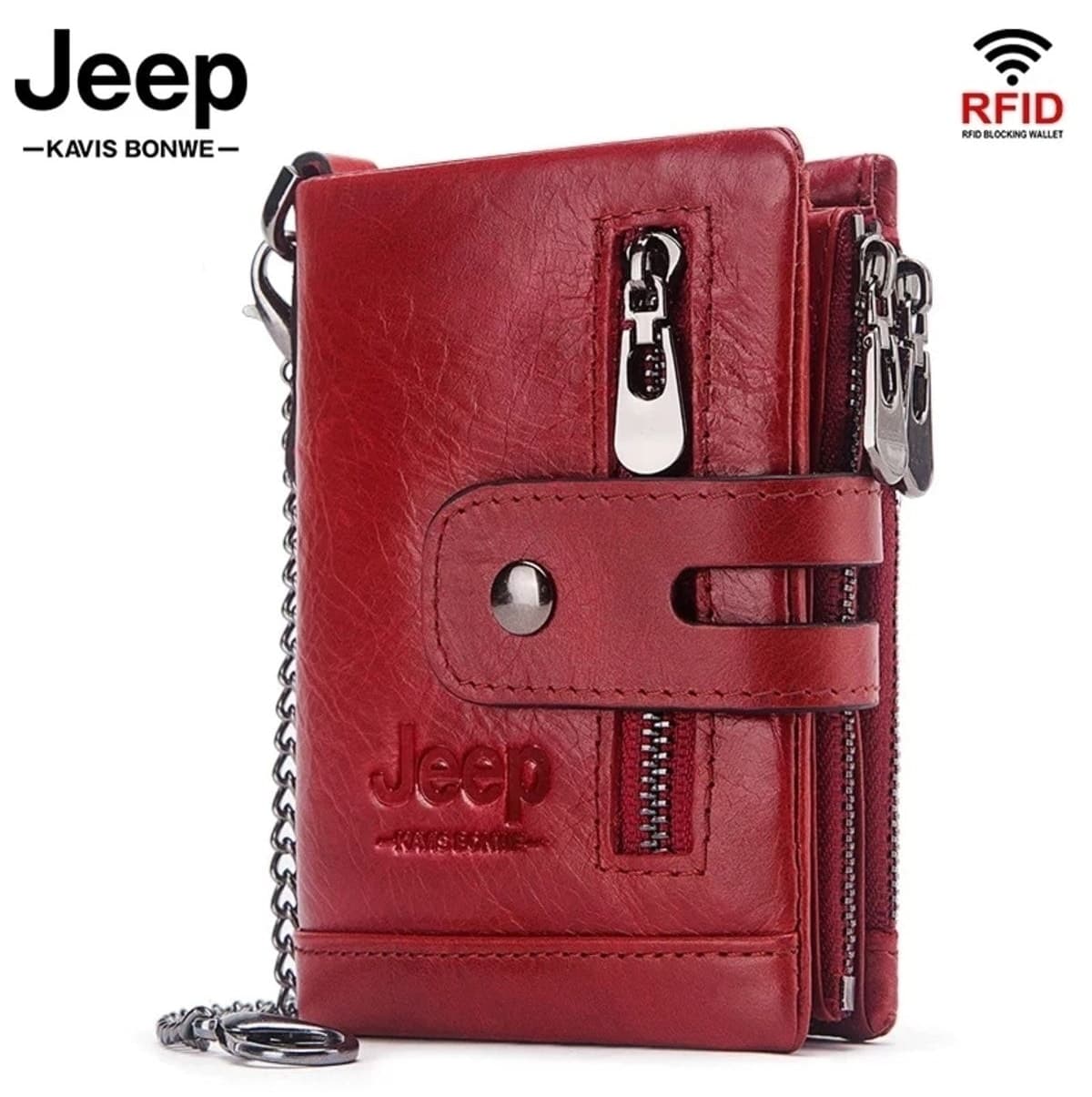 کیف پول و جاکارتی زنجیردار یونیسکس Jeep قرمز از چرم طبیعی 100٪ با جعبه اختصاصی کیف پول و جاکارتی زنجیردار یونیسکس Jeep قرمز از چرم طبیعی 100٪ با جعبه اختصاصی