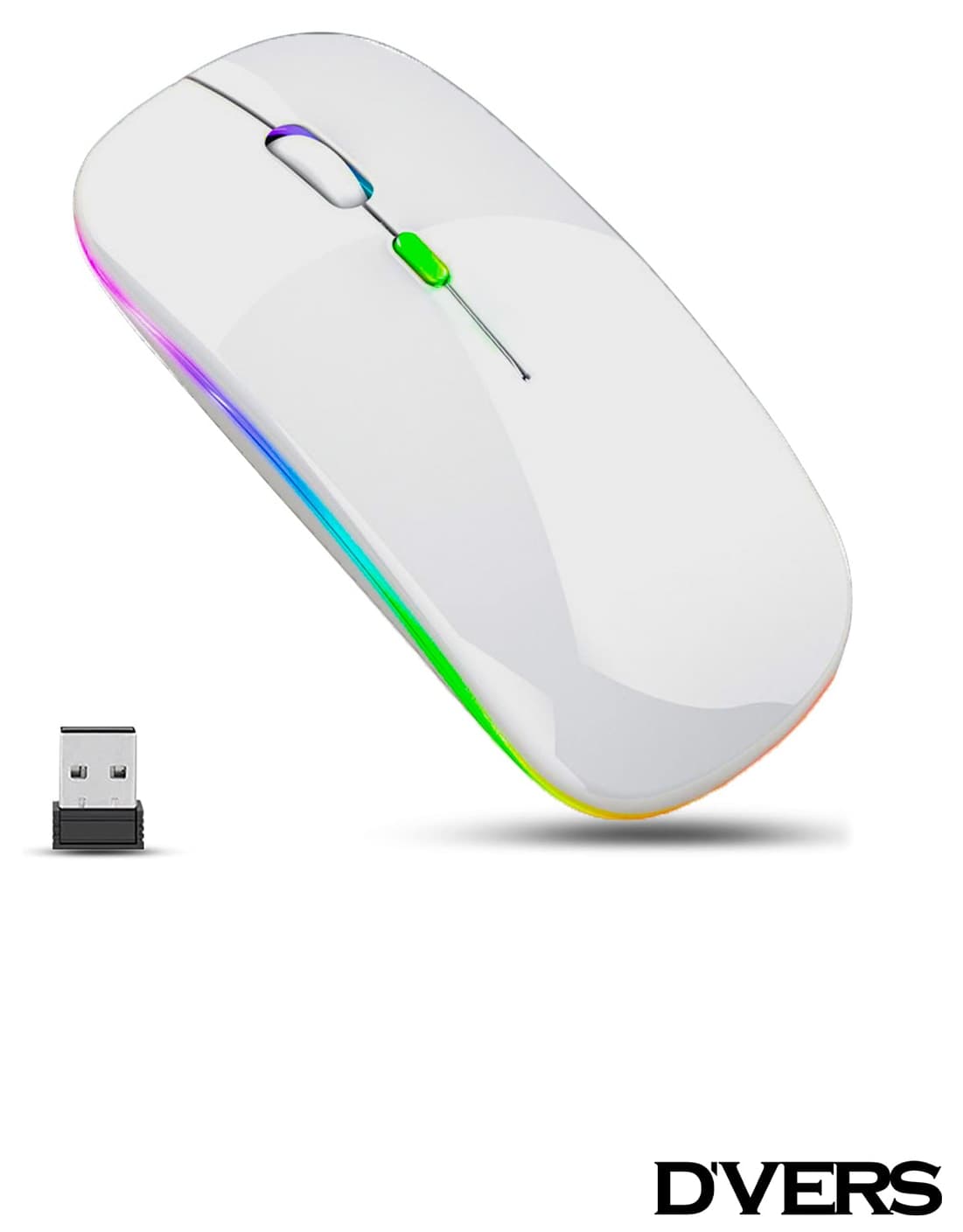 ماوس بیسیم D'VERS فوق نازک سفید شارژی USB 2.4GHz RGB LED 800/1200/1600dpi ماوس بیسیم D'VERS فوق نازک سفید شارژی USB 2.4GHz RGB LED 800/1200/1600dpi