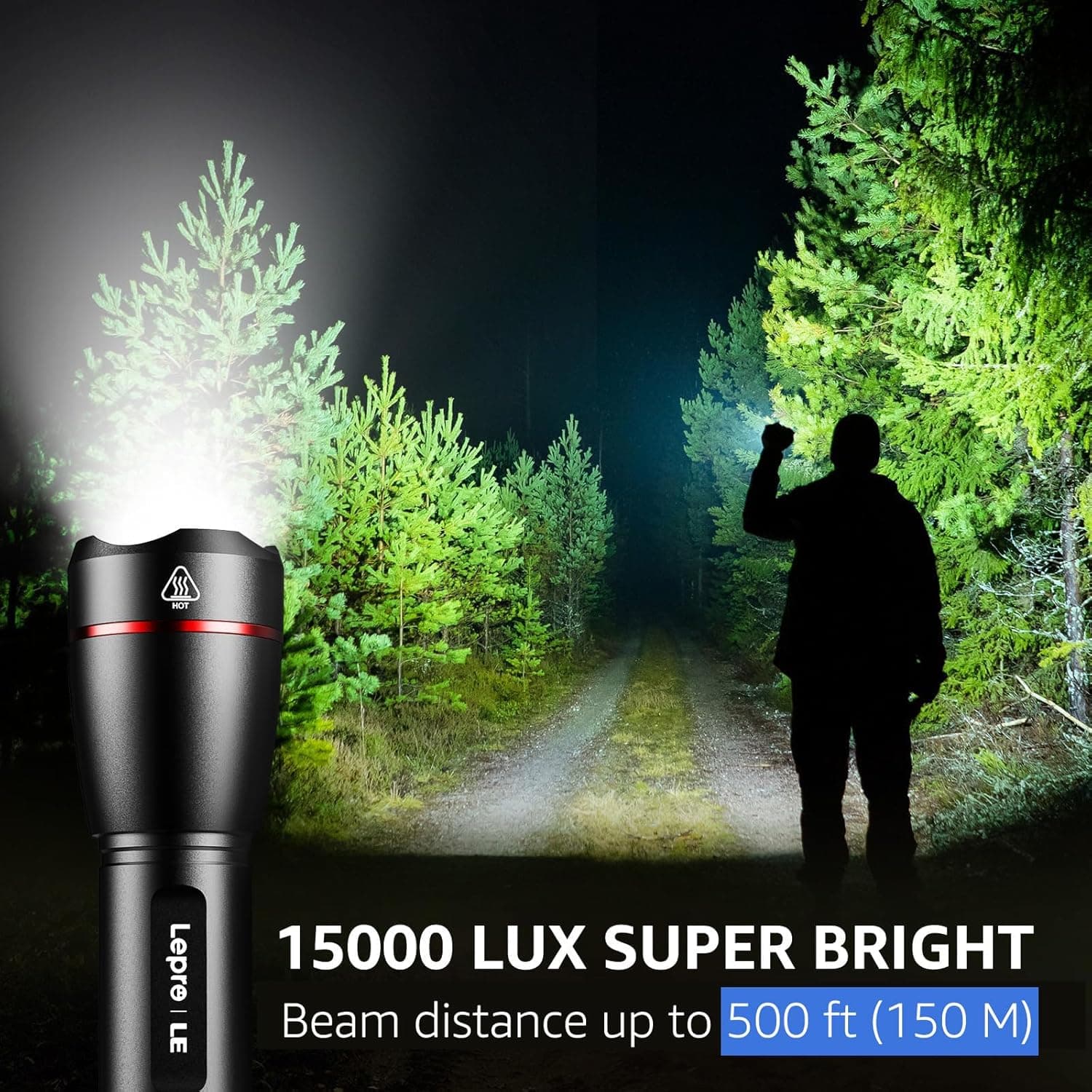 چراغقوه تاکتیکی LED شارژی Lepro با روشنایی 15000 Lux، USB، 5 حالت نوردهی و ضدآب چراغقوه تاکتیکی LED شارژی Lepro با روشنایی 15000 Lux، USB، 5 حالت نوردهی و ضدآب