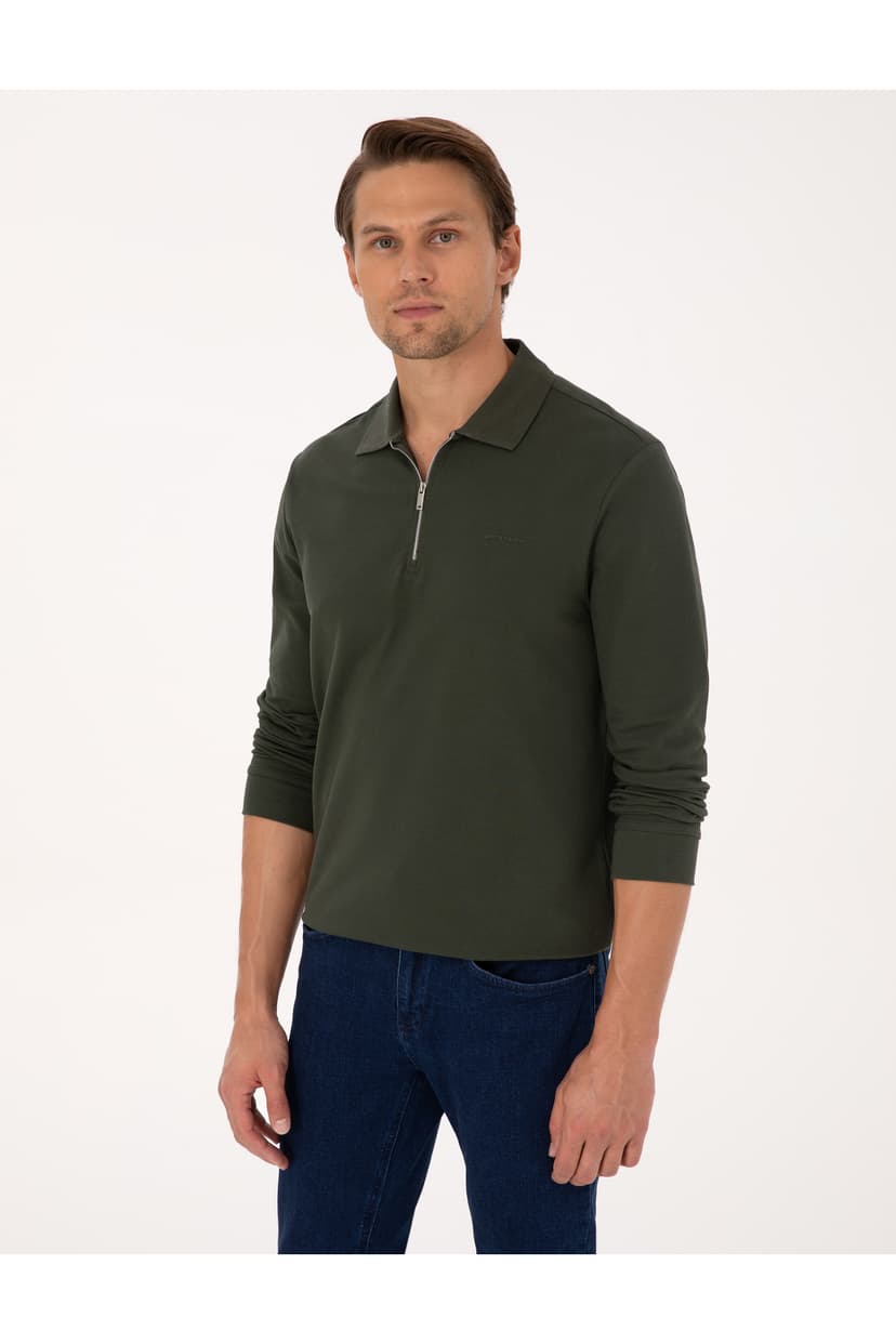 سوئیشرت مردانه Pierre Cardin اسلیم فیت سبز تیره یقه پولو زیپدار Basic Pike مدل 50314046-VR079 سوئیشرت مردانه Pierre Cardin اسلیم فیت سبز تیره یقه پولو زیپدار Basic Pike مدل 50314046-VR079