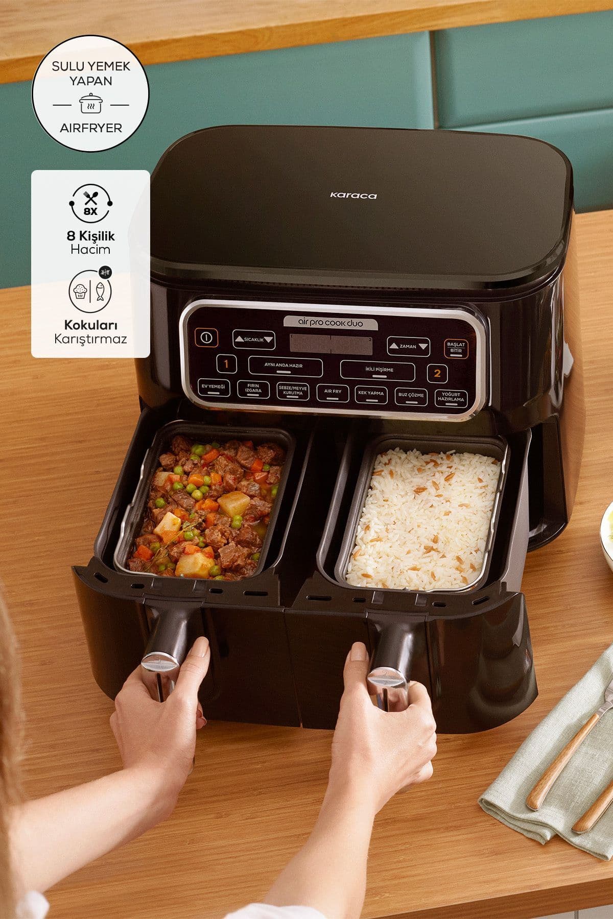 ایرفرایر Karaca Air Pro Cook Duo ظرفیت 4+4 لیتر XXXL ۸ نفره Black Cooper ایرفرایر Karaca Air Pro Cook Duo ظرفیت 4+4 لیتر XXXL ۸ نفره Black Cooper