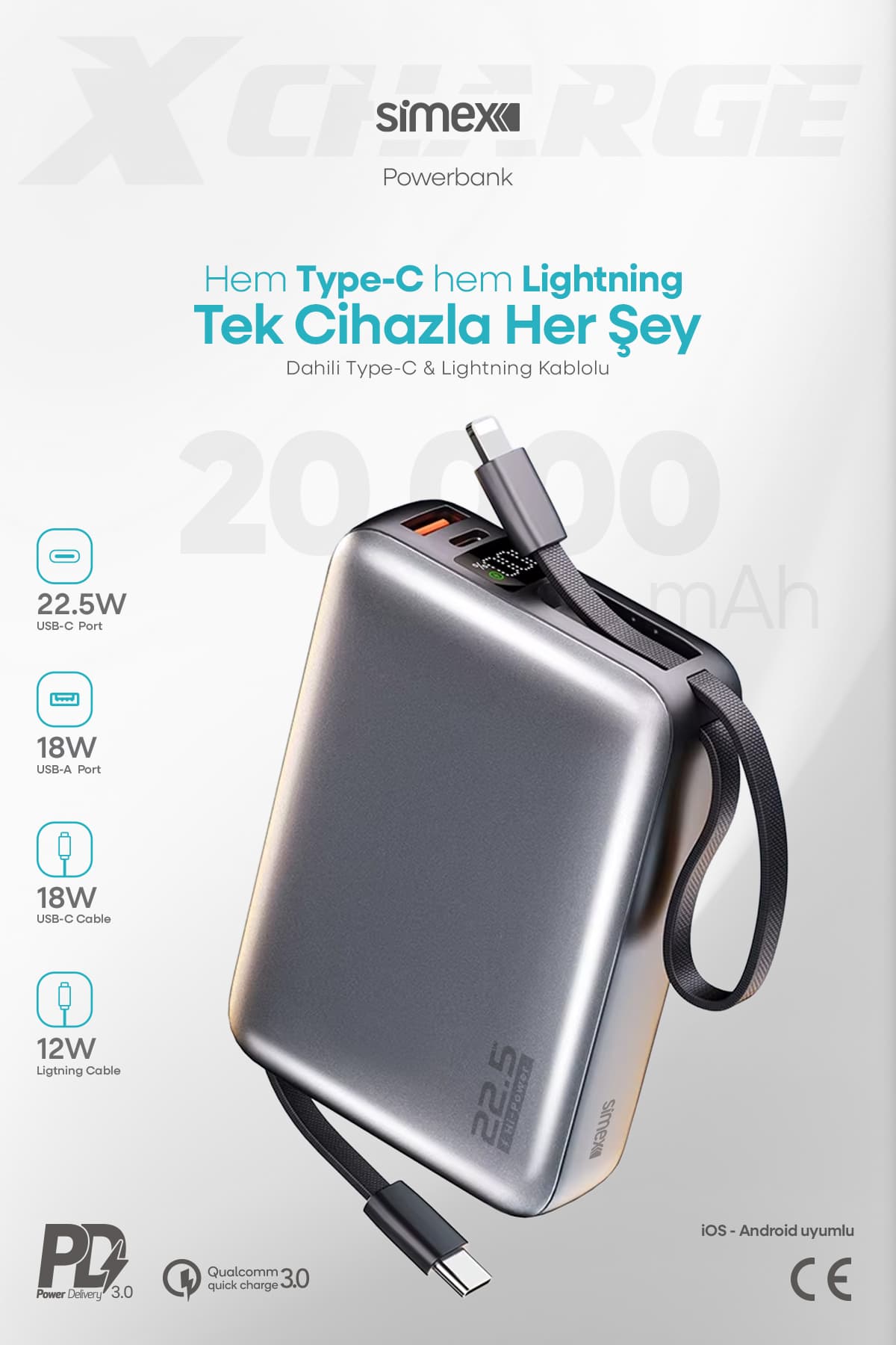 پاوربانک Simex 20.000 mAh با شارژ سریع 22.5W PD، کابل داخلی و نمایشگر دیجیتال پاوربانک Simex 20.000 mAh با شارژ سریع 22.5W PD، کابل داخلی و نمایشگر دیجیتال