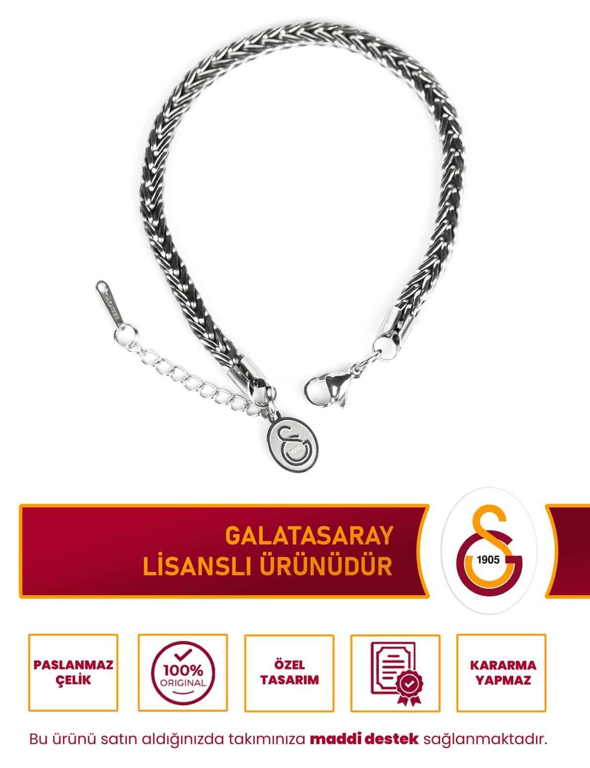 دستبند استیل هواداری Galatasaray با طرح GS Fox قابل تنظیم 19 cm خاکستری مجوزدار دستبند استیل هواداری Galatasaray با طرح GS Fox قابل تنظیم 19 cm خاکستری مجوزدار