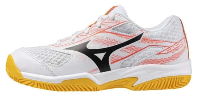کفش تنیس بچگانه Mizuno سفید و نارنجی مدل Break Shot 5 Jr. CC کفش تنیس بچگانه Mizuno سفید و نارنجی مدل Break Shot 5 Jr. CC