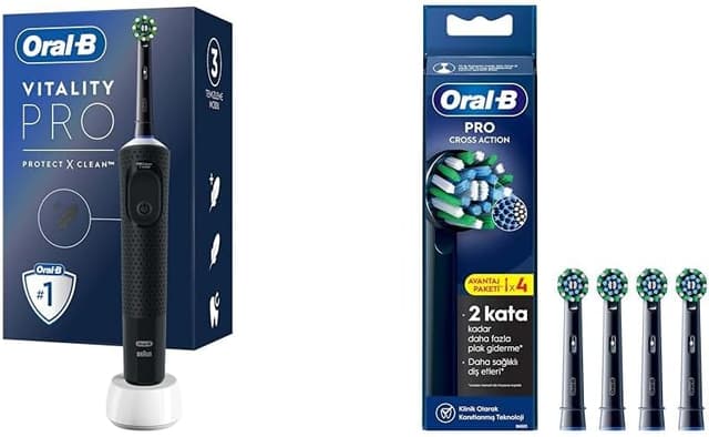 مسواک برقی Oral-B Vitality Pro مشکی برای محافظت و تمیزکردن، بههمراه 4 عدد سری یدک Cross Action X-Filament مشکی مسواک برقی Oral-B Vitality Pro مشکی برای محافظت و تمیزکردن، بههمراه 4 عدد سری یدک Cross Action X-Filament مشکی
