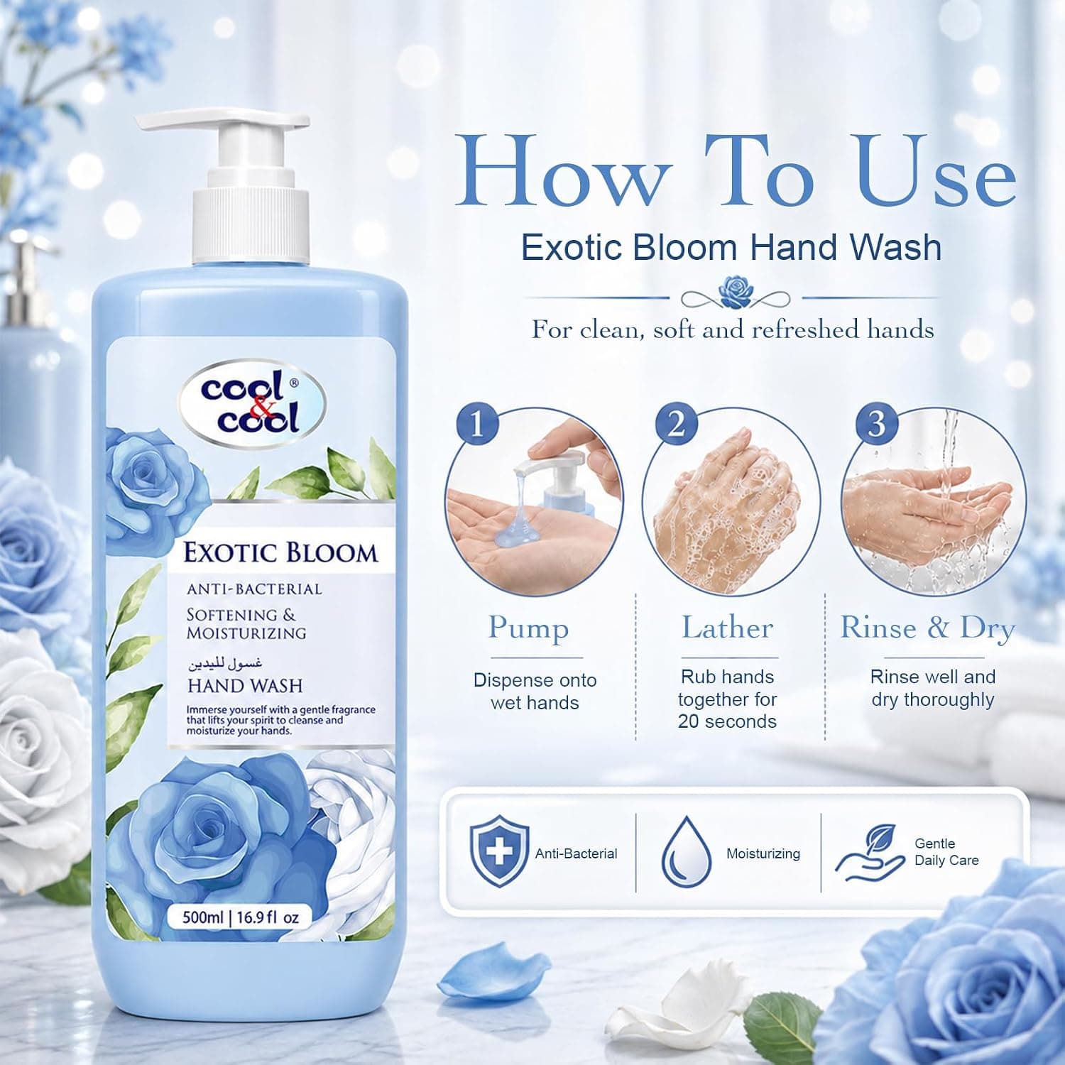 مایع دستشویی دوقلو Cool & Cool با رایحه Divine Essence و Exotic Bloom، آنتیباکتریال و نرمکننده پوست 500Ml x 2، 1Liter مایع دستشویی دوقلو Cool & Cool با رایحه Divine Essence و Exotic Bloom، آنتیباکتریال و نرمکننده پوست 500Ml x 2، 1Liter