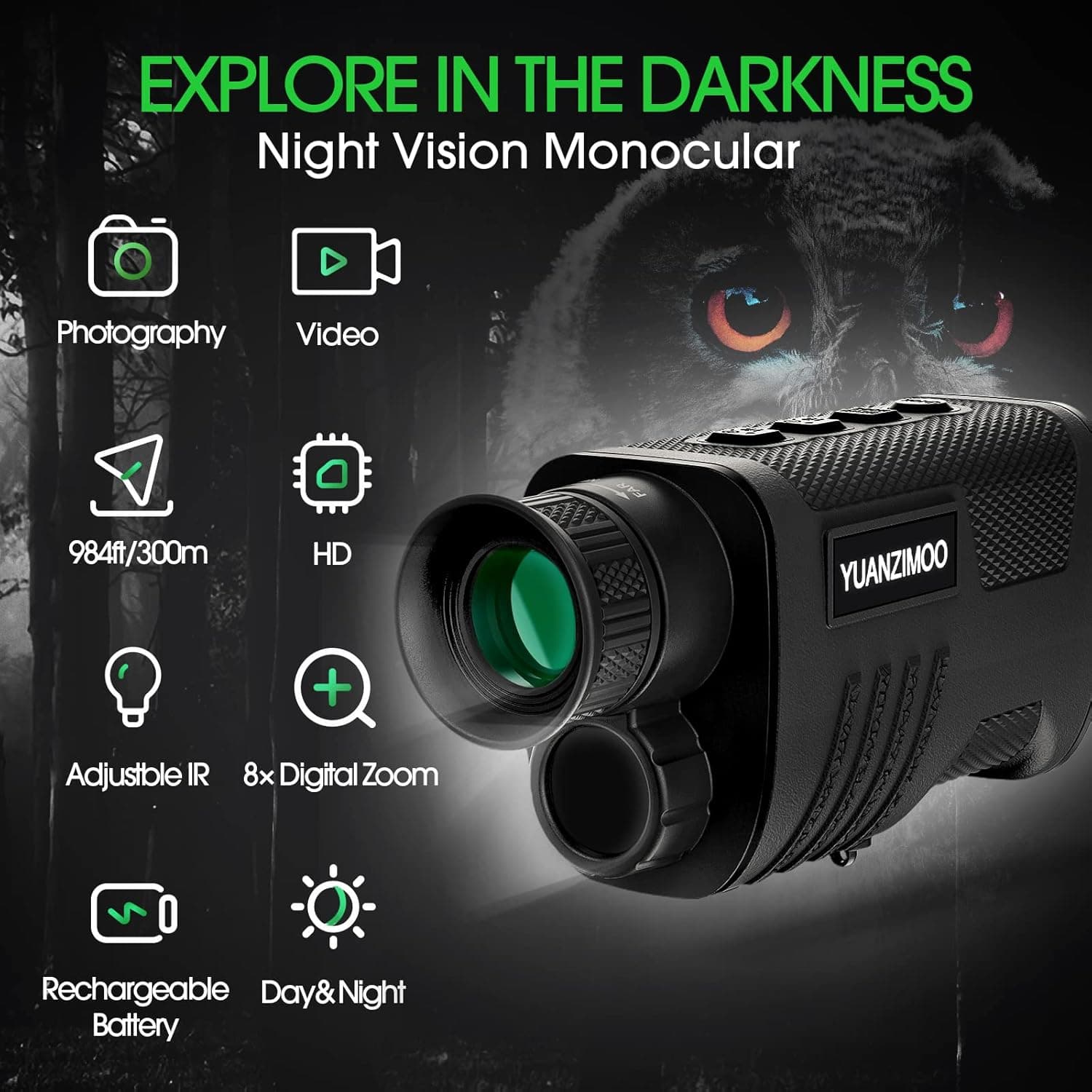 دوربین مونوکولار دید در شب YUANZIMOO دیجیتال مادون قرمز 8X زوم باتری 2000mAh سبز دوربین مونوکولار دید در شب YUANZIMOO دیجیتال مادون قرمز 8X زوم باتری 2000mAh سبز