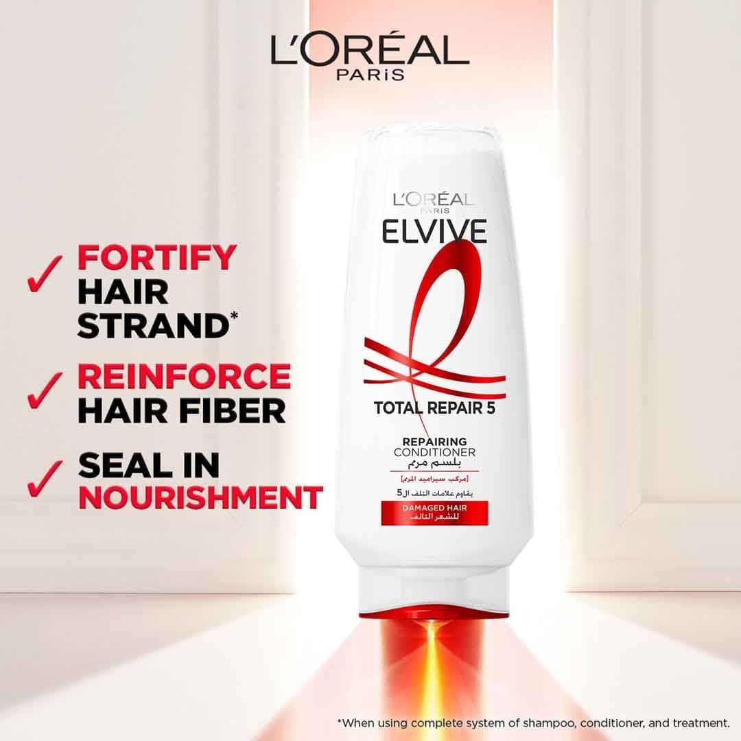 شامپو و نرمکننده L’Oréal Paris Elvive Total Repair 5 ترمیمکننده موهای آسیبدیده و دارای موخوره 400ml + 360ml شامپو و نرمکننده L’Oréal Paris Elvive Total Repair 5 ترمیمکننده موهای آسیبدیده و دارای موخوره 400ml + 360ml