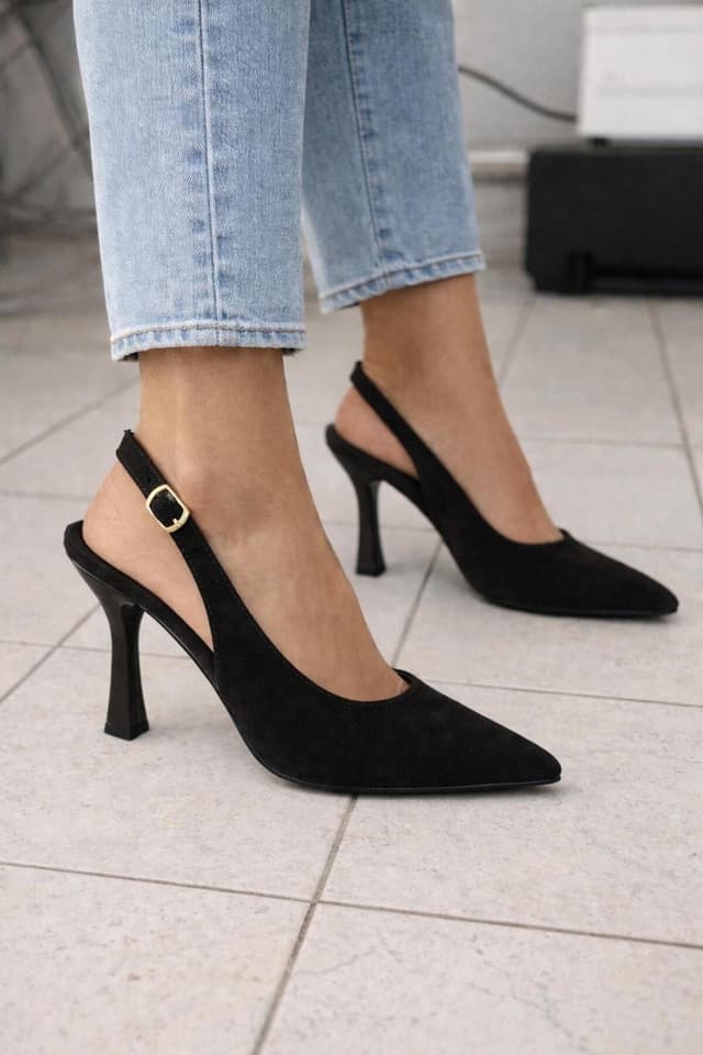 کفش زنانه Lölük Moda پاشنهدار جیر مشکی پنجهنوکتیز سگکدار کفش زنانه Lölük Moda پاشنهدار جیر مشکی پنجهنوکتیز سگکدار