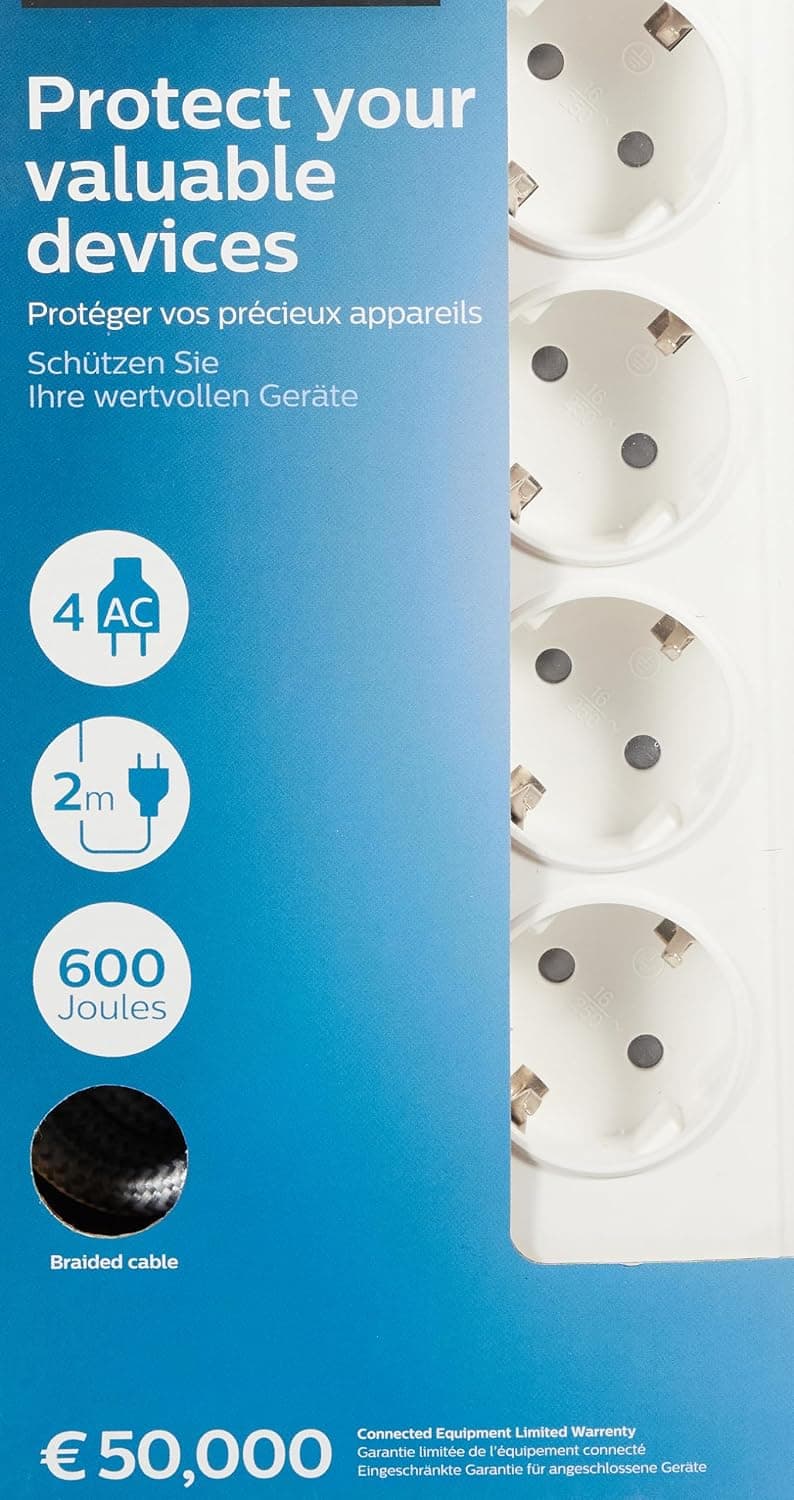 محافظ برق 4 خانه PHILIPS با 600J، کابل 2m، 3680W و 16A مدل SPN7040WA محافظ برق 4 خانه PHILIPS با 600J، کابل 2m، 3680W و 16A مدل SPN7040WA