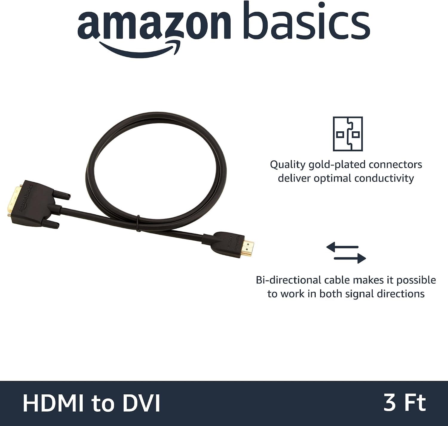 کابل تبدیل HDMI به DVI Amazon Basics دوطرفه 1080p با روکش طلایی مشکی 0.9 متری بسته 1 عددی کابل تبدیل HDMI به DVI Amazon Basics دوطرفه 1080p با روکش طلایی مشکی 0.9 متری بسته 1 عددی