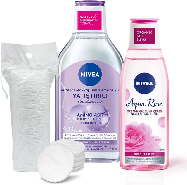 آب میسلار پاککننده آرایش Nivea آرامشبخش 400ml تونر مرطوبکننده Aqua Rose 200ml هدیه پنبه آب میسلار پاککننده آرایش Nivea آرامشبخش 400ml تونر مرطوبکننده Aqua Rose 200ml هدیه پنبه