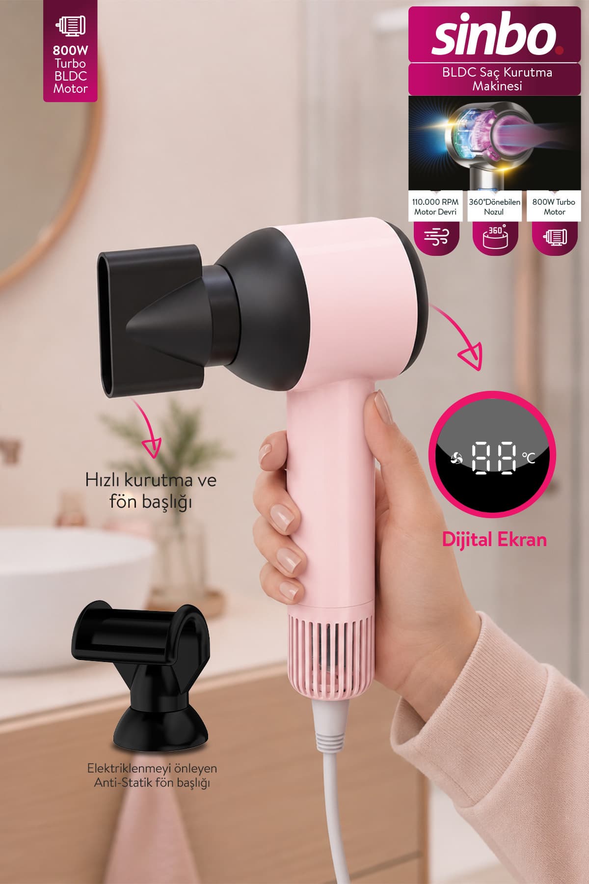 سشوار Sinbo با موتور BLDC، 800 وات، نمایشگر دیجیتال، آنتیاستاتیک مدل SHD-1756 سشوار Sinbo با موتور BLDC، 800 وات، نمایشگر دیجیتال، آنتیاستاتیک مدل SHD-1756