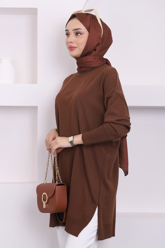 تونیک بافت آزاد یقه گرد مرسریزه قهوهای زنانه İmajButik تونیک بافت آزاد یقه گرد مرسریزه قهوهای زنانه İmajButik