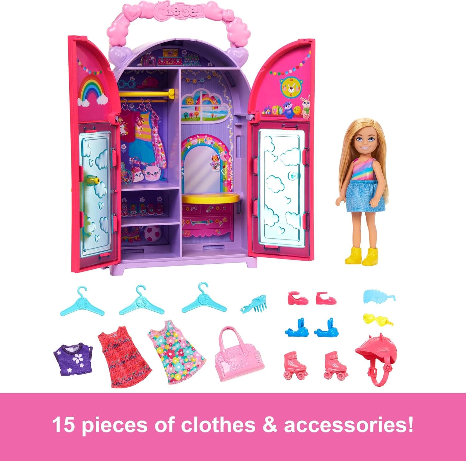 ست بازی عروسک و کمد Barbie Chelsea با ۱۵ تکه لباس و لوازم جانبی، تاشو ست بازی عروسک و کمد Barbie Chelsea با ۱۵ تکه لباس و لوازم جانبی، تاشو