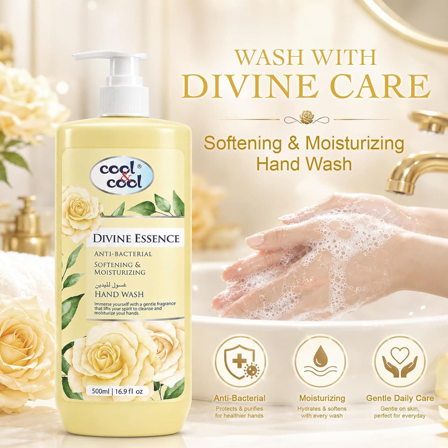 مایع دستشویی دوقلو Cool & Cool با رایحه Divine Essence و Exotic Bloom، آنتیباکتریال و نرمکننده پوست 500Ml x 2، 1Liter مایع دستشویی دوقلو Cool & Cool با رایحه Divine Essence و Exotic Bloom، آنتیباکتریال و نرمکننده پوست 500Ml x 2، 1Liter