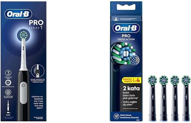 ست مسواک برقی مشکی Oral-B سری Pro 1 با طراحی Braun، 1 سری و 4 سری یدک Cross Action X-Filament ست مسواک برقی مشکی Oral-B سری Pro 1 با طراحی Braun، 1 سری و 4 سری یدک Cross Action X-Filament