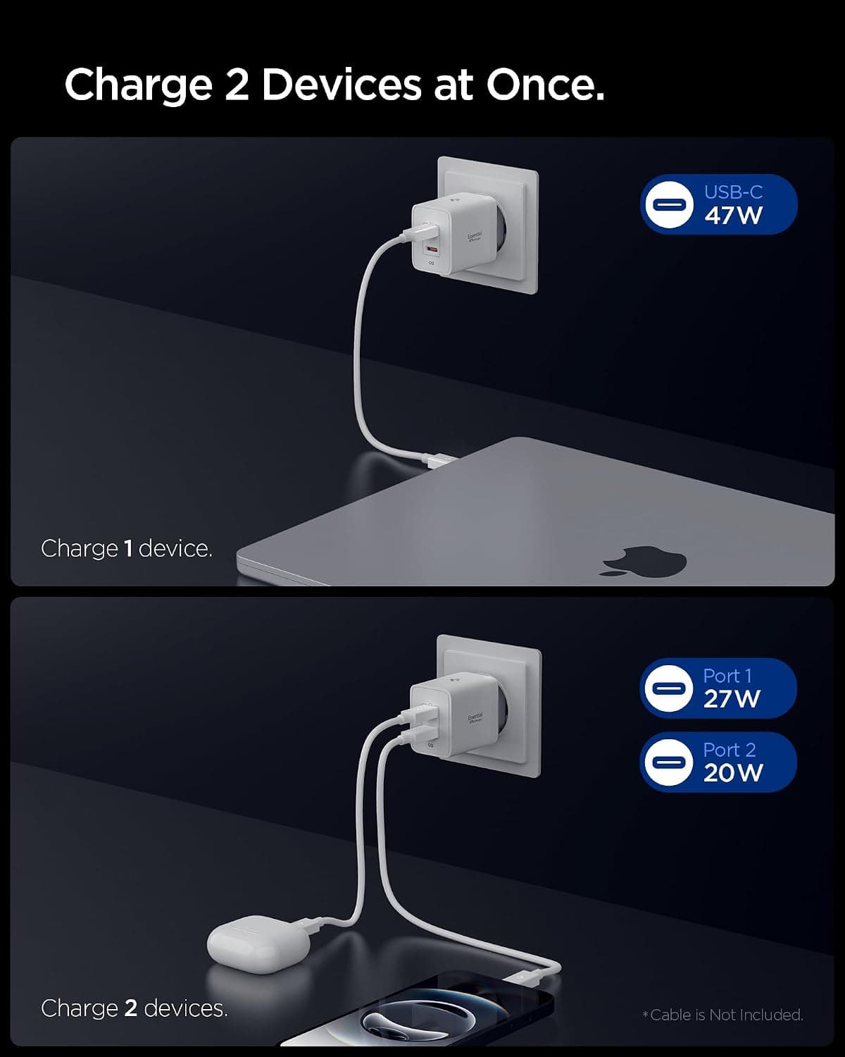 شارژر دیواری سریع 47W دو پورت USB-C Spigen سفید GaN Pro مدل ACH08707 شارژر دیواری سریع 47W دو پورت USB-C Spigen سفید GaN Pro مدل ACH08707