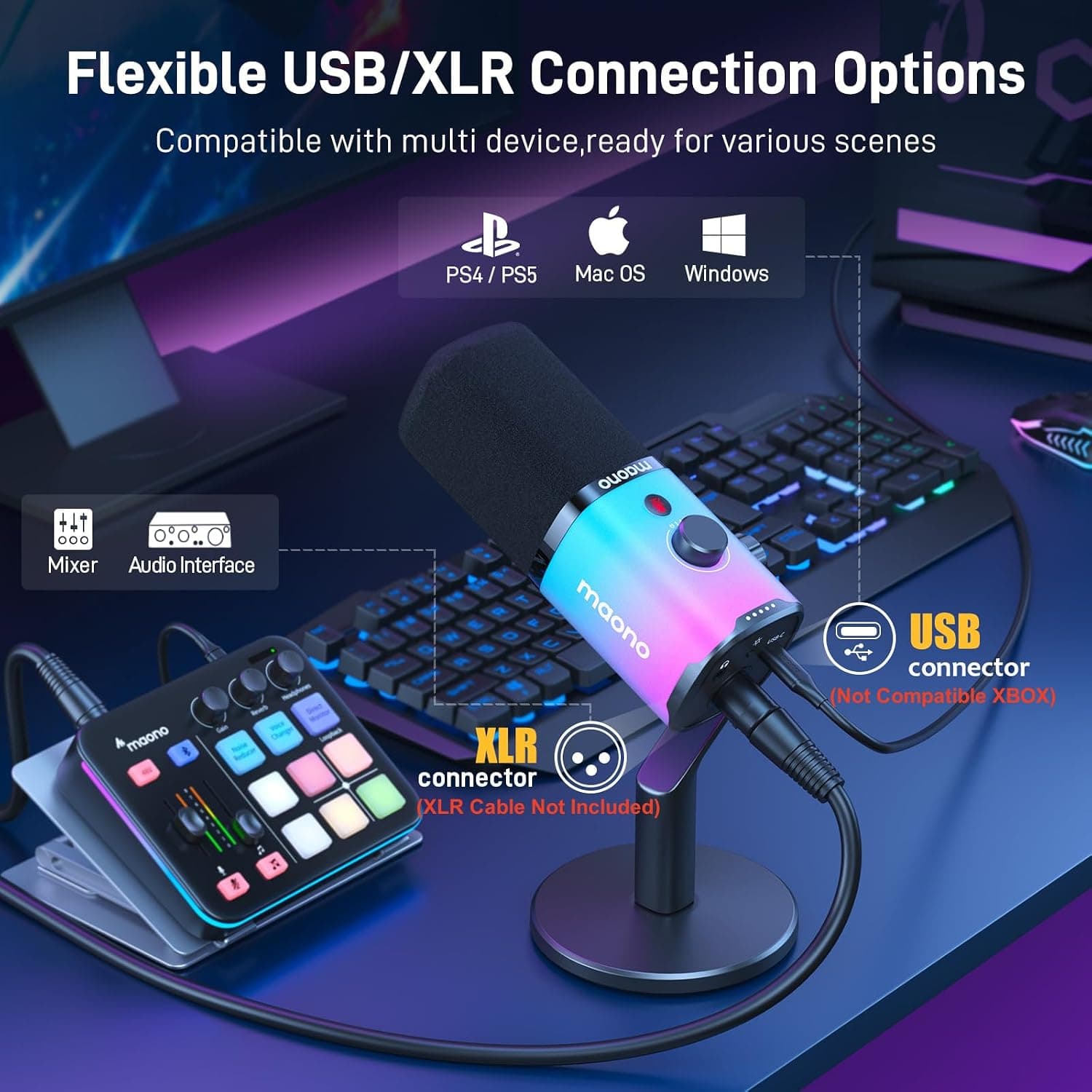 میکروفون دینامیک گیمینگ MAONO با اتصال XLR/USB و RGB مدل PD100X میکروفون دینامیک گیمینگ MAONO با اتصال XLR/USB و RGB مدل PD100X