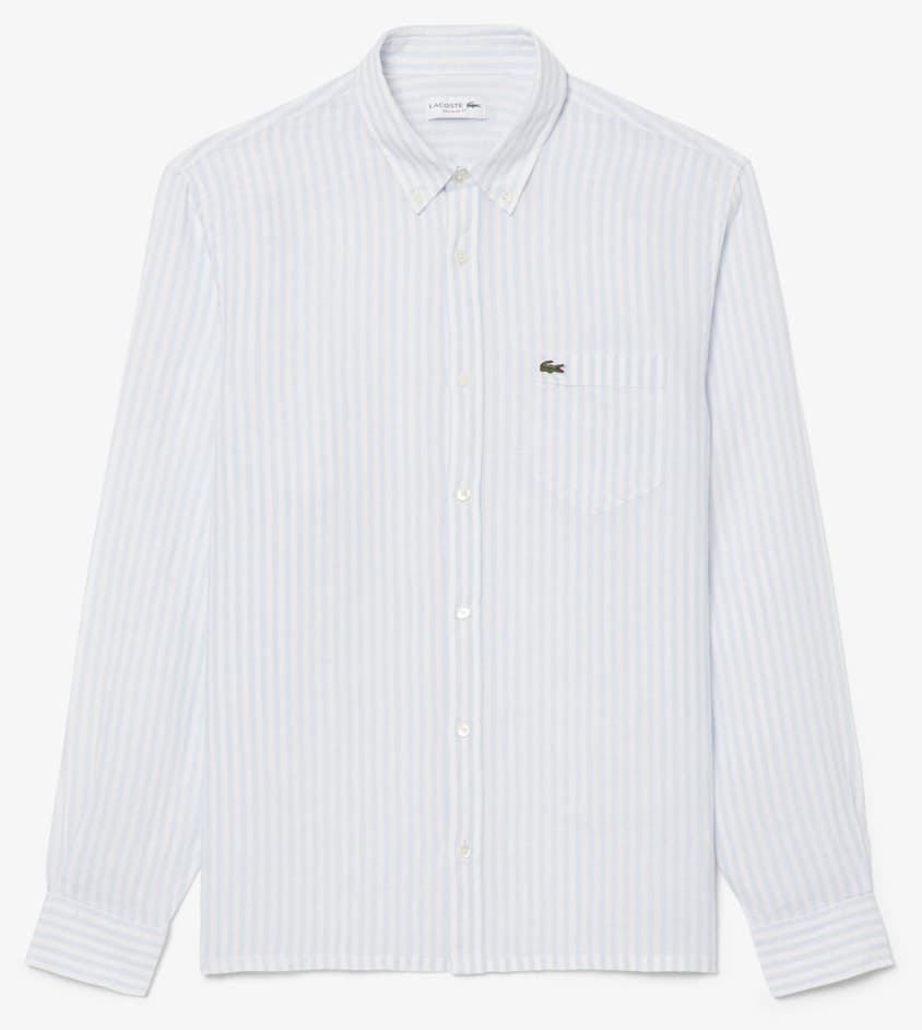 پیراهن مردانه Lacoste کتان آبی راهراه با یقه دکمهدار و فیت معمولی پیراهن مردانه Lacoste کتان آبی راهراه با یقه دکمهدار و فیت معمولی