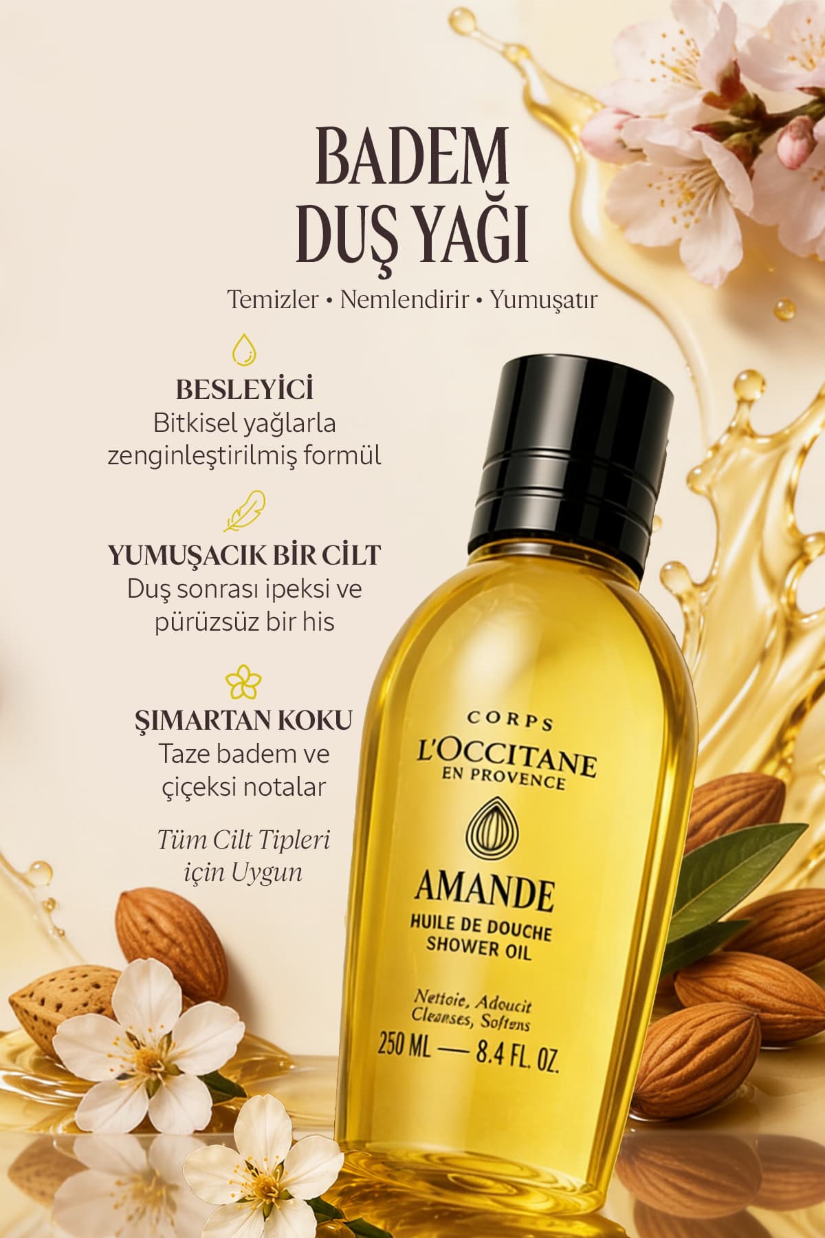 روغن حمام بادام L'Occitane حاوی روغن بادام شیرین و هسته انگور، مغذی و مرطوبکننده با امگا 6 و 9، 250 ml روغن حمام بادام L'Occitane حاوی روغن بادام شیرین و هسته انگور، مغذی و مرطوبکننده با امگا 6 و 9، 250 ml