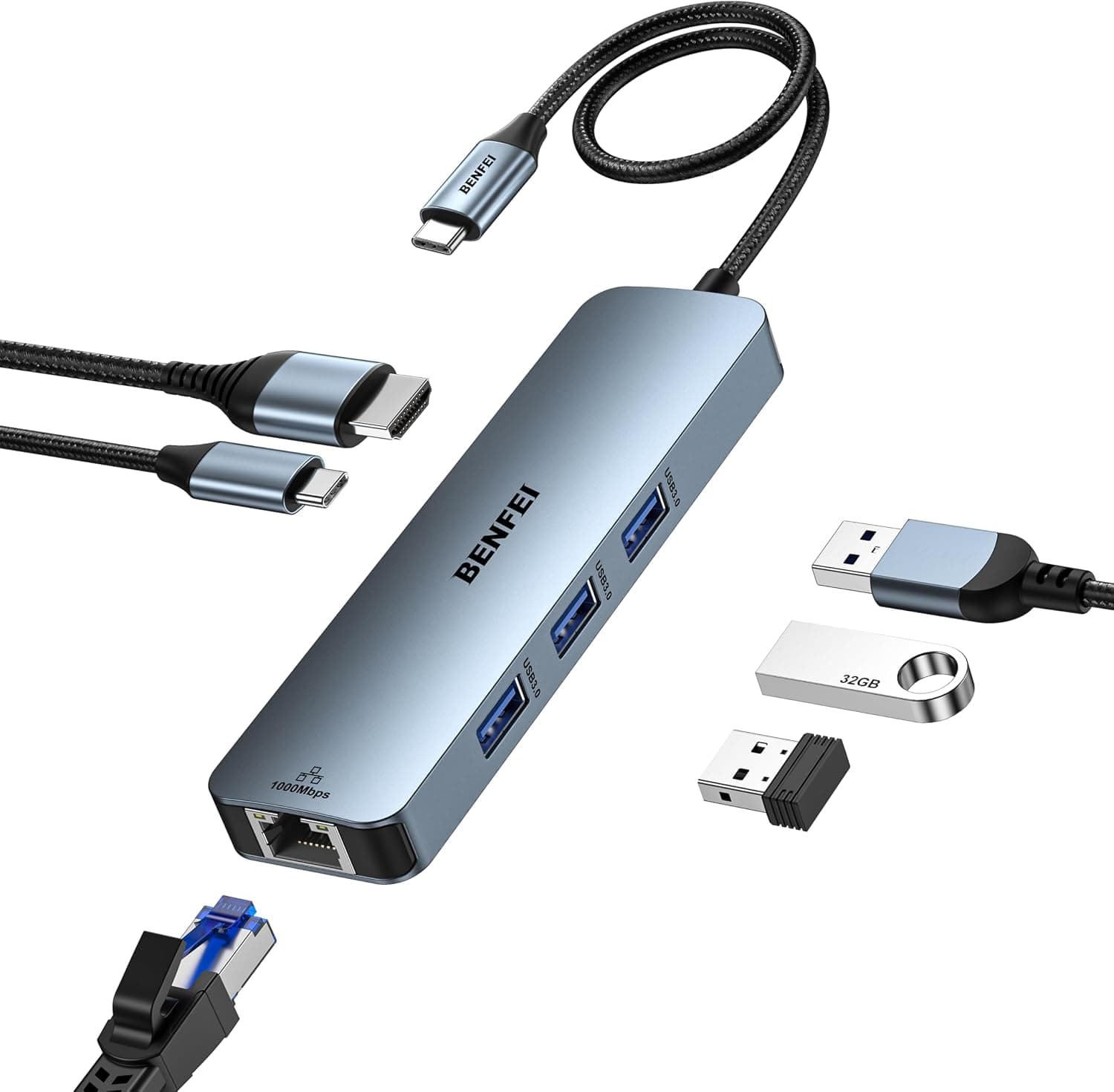 هاب USB-C BENFEI 6 در 1 HDMI 4K@60Hz، Gigabit Ethernet و توان 100W هاب USB-C BENFEI 6 در 1 HDMI 4K@60Hz، Gigabit Ethernet و توان 100W