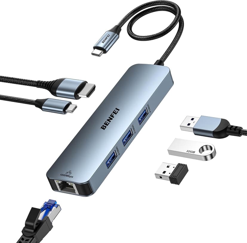 هاب USB-C BENFEI 6 در 1 HDMI 4K@60Hz، Gigabit Ethernet و توان 100W هاب USB-C BENFEI 6 در 1 HDMI 4K@60Hz، Gigabit Ethernet و توان 100W