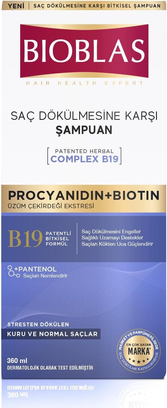 شامپو ضد ریزش و ضد استرس مو BIOBLAS حاوی Procyanidin و Biotin، کمپلکس گیاهی B19، بدون پارابن، مناسب انواع مو 360 ml شامپو ضد ریزش و ضد استرس مو BIOBLAS حاوی Procyanidin و Biotin، کمپلکس گیاهی B19، بدون پارابن، مناسب انواع مو 360 ml