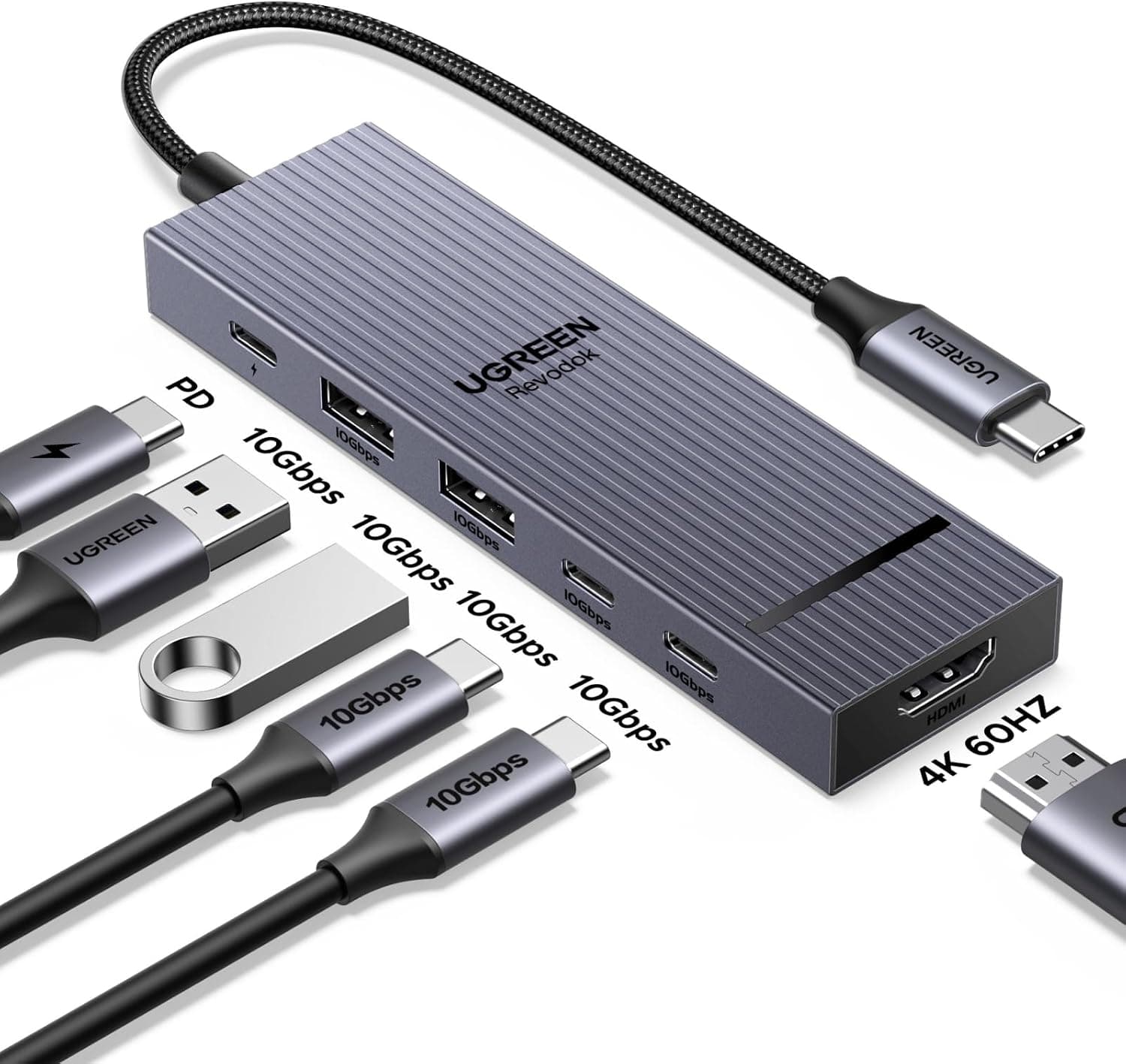 هاب USB C ششکاره UGREEN با HDMI 4K، داده Type A و Type C با سرعت 10Gbps و درگاه PD 100W هاب USB C ششکاره UGREEN با HDMI 4K، داده Type A و Type C با سرعت 10Gbps و درگاه PD 100W
