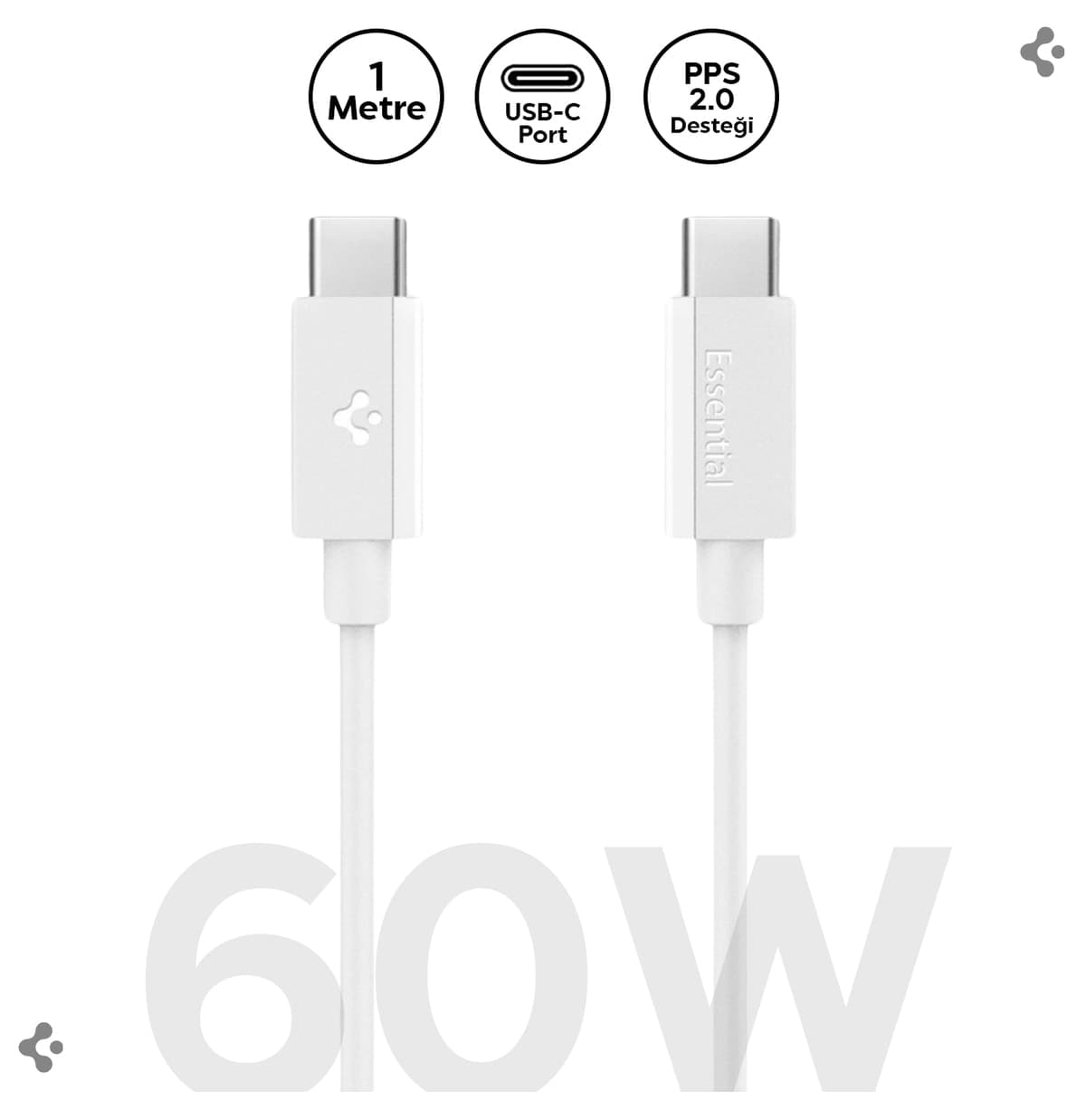 کابل Spigen USB-C به USB-C ۱ متری 60W سفید مدل ACA08717 کابل Spigen USB-C به USB-C ۱ متری 60W سفید مدل ACA08717