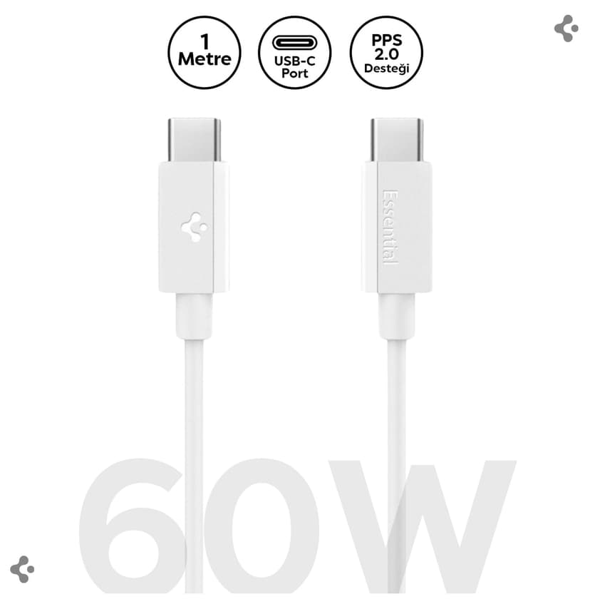 کابل Spigen USB-C به USB-C ۱ متری 60W سفید مدل ACA08717 کابل Spigen USB-C به USB-C ۱ متری 60W سفید مدل ACA08717