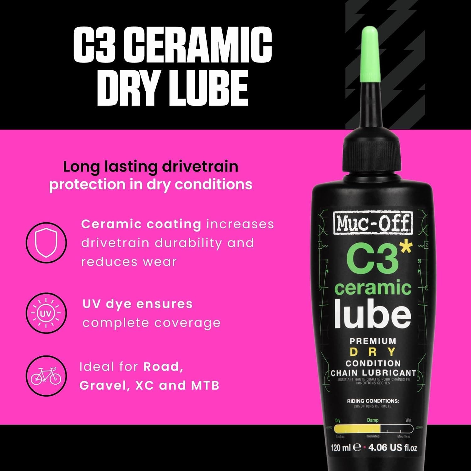 روغن زنجیر دوچرخه Muc-Off سرامیکی خشک با رنگ ردیاب UV مدل 872 C3 حجم 120ml روغن زنجیر دوچرخه Muc-Off سرامیکی خشک با رنگ ردیاب UV مدل 872 C3 حجم 120ml