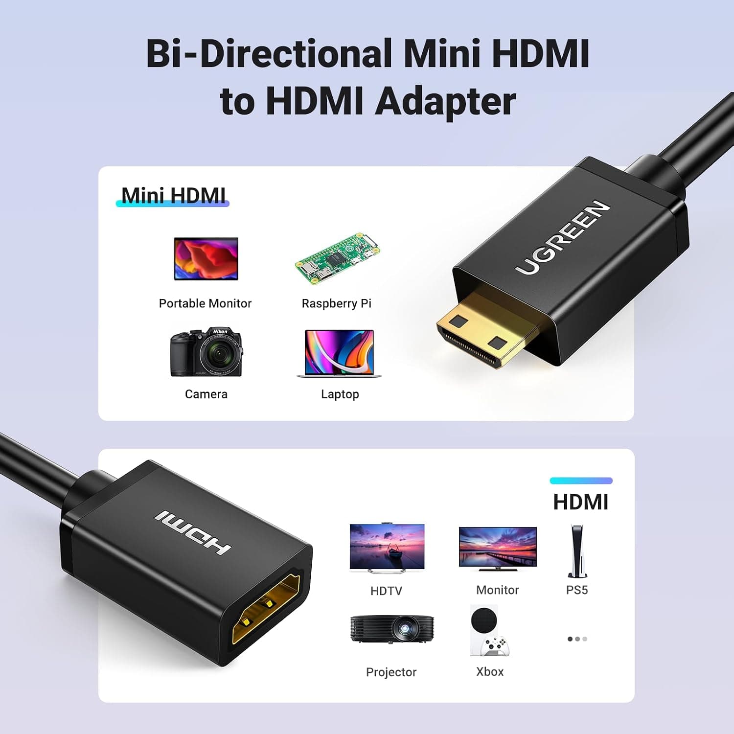مبدل Mini HDMI به HDMI UGREEN نری به مادگی 4K 60Hz با پشتیبانی از 3D، 18Gbit/s، 20CM مبدل Mini HDMI به HDMI UGREEN نری به مادگی 4K 60Hz با پشتیبانی از 3D، 18Gbit/s، 20CM