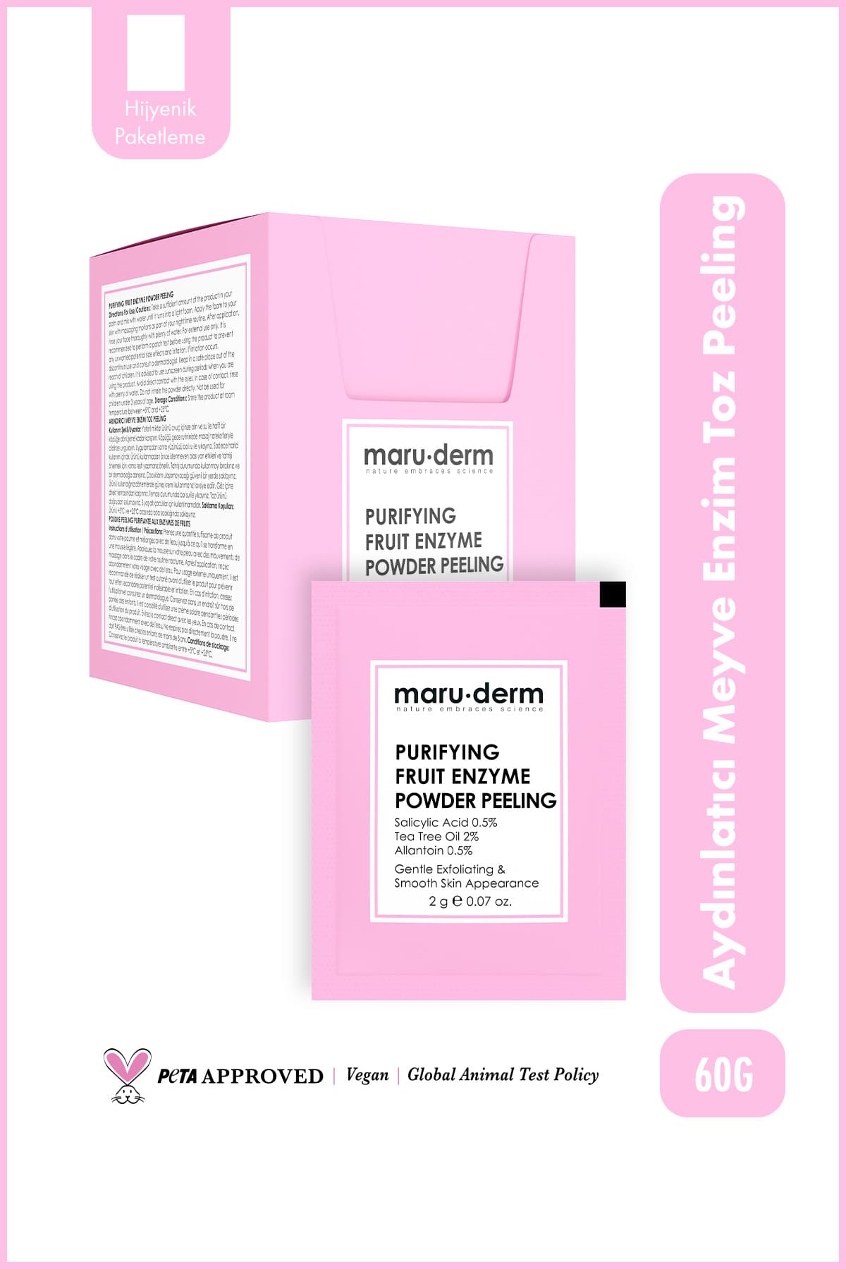 پودر لایهبردار آنزیم میوه پاککننده Maru.Derm 60 G حاوی اسید سالیسیلیک 0.5%، روغن درخت چای 2% و آلانتوئین 0.5% پودر لایهبردار آنزیم میوه پاککننده Maru.Derm 60 G حاوی اسید سالیسیلیک 0.5%، روغن درخت چای 2% و آلانتوئین 0.5%