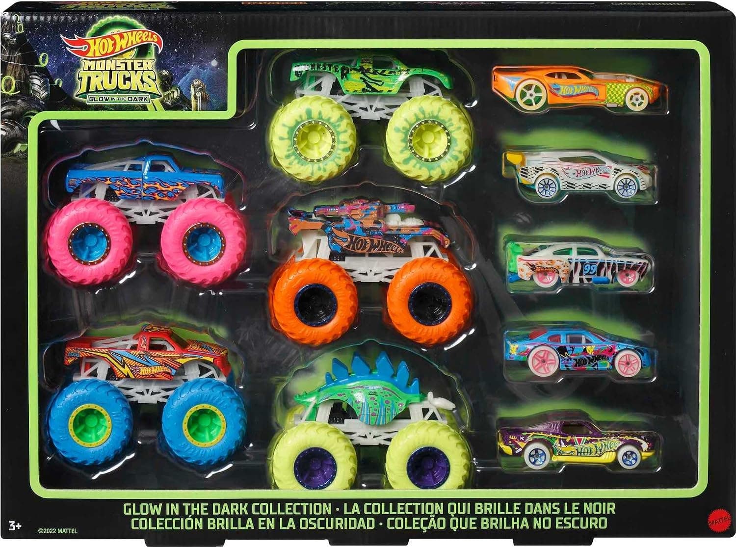 مجموعه ۱۰تایی خودروهای اسباببازی کودکان ۴ تا ۸ سال Hot Wheels شبتاب شامل ۵ Monster Trucks و ۵ خودروی 1:64 مجموعه ۱۰تایی خودروهای اسباببازی کودکان ۴ تا ۸ سال Hot Wheels شبتاب شامل ۵ Monster Trucks و ۵ خودروی 1:64