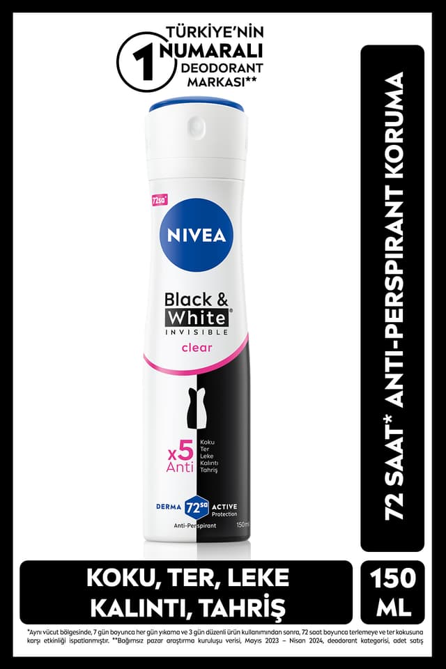 دئودورانت اسپری زنانه NIVEA Black&White Invisible Clear ضدتعریق 72 ساعته بدون الکل 150ml دئودورانت اسپری زنانه NIVEA Black&White Invisible Clear ضدتعریق 72 ساعته بدون الکل 150ml