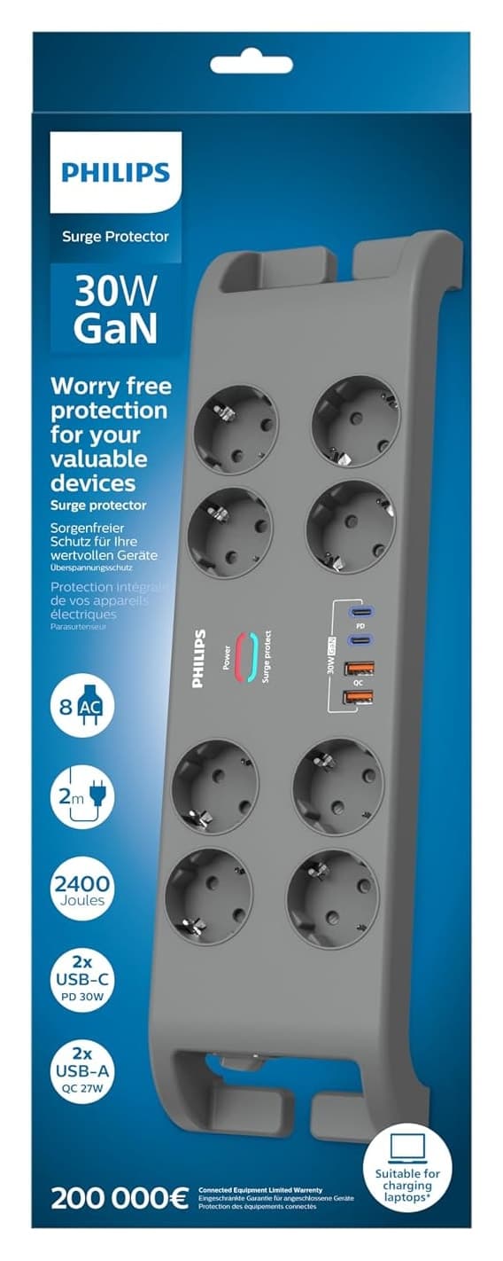چندراهی برق Philips با محافظ جریان 8 خانه و 4 پورت USB مدل SPN8180GA چندراهی برق Philips با محافظ جریان 8 خانه و 4 پورت USB مدل SPN8180GA