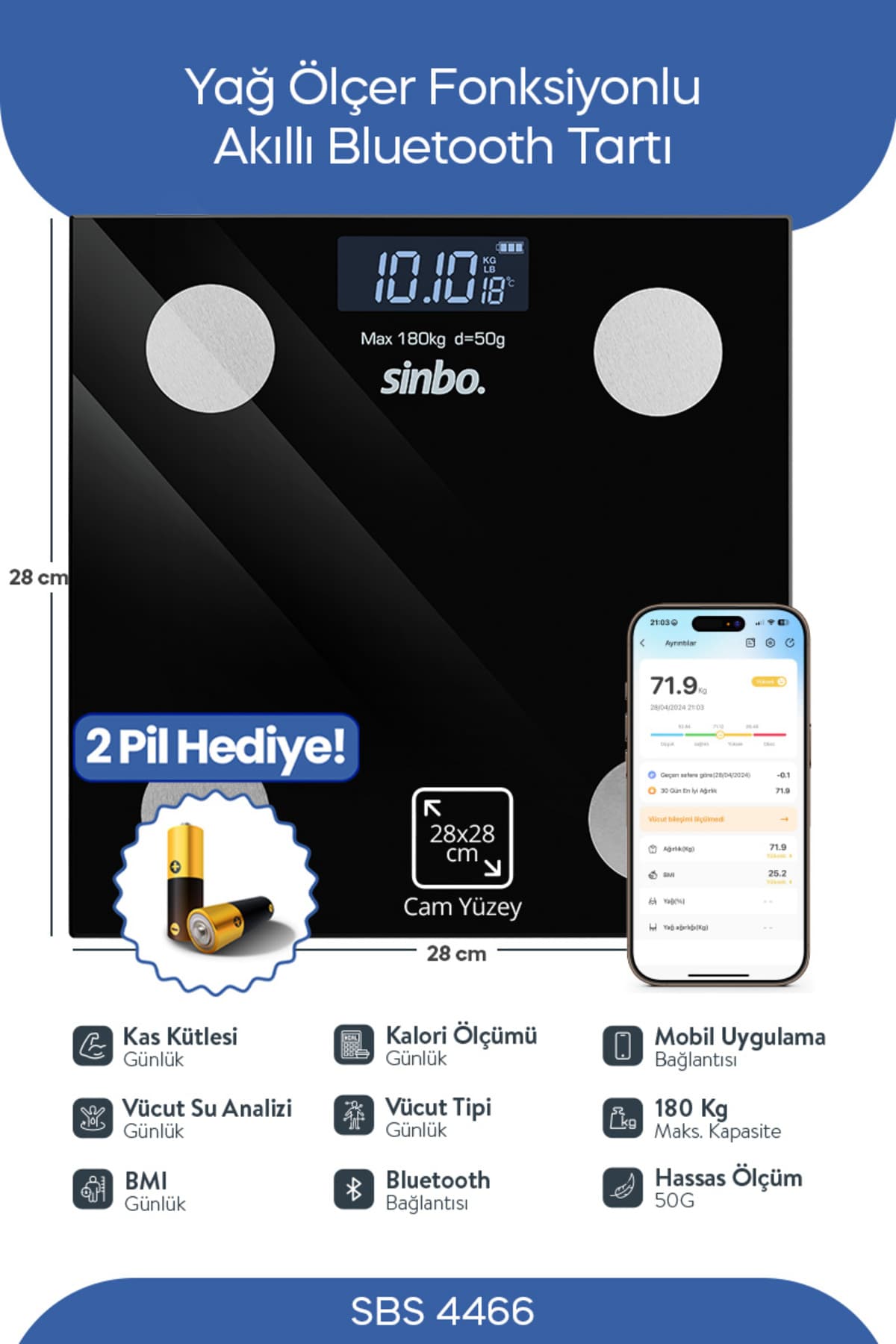 ترازوی دیجیتال Sinbo بلوتوثی سنجش چربی، آب، عضله و BMI بدن مدل SBS-4466 ترازوی دیجیتال Sinbo بلوتوثی سنجش چربی، آب، عضله و BMI بدن مدل SBS-4466