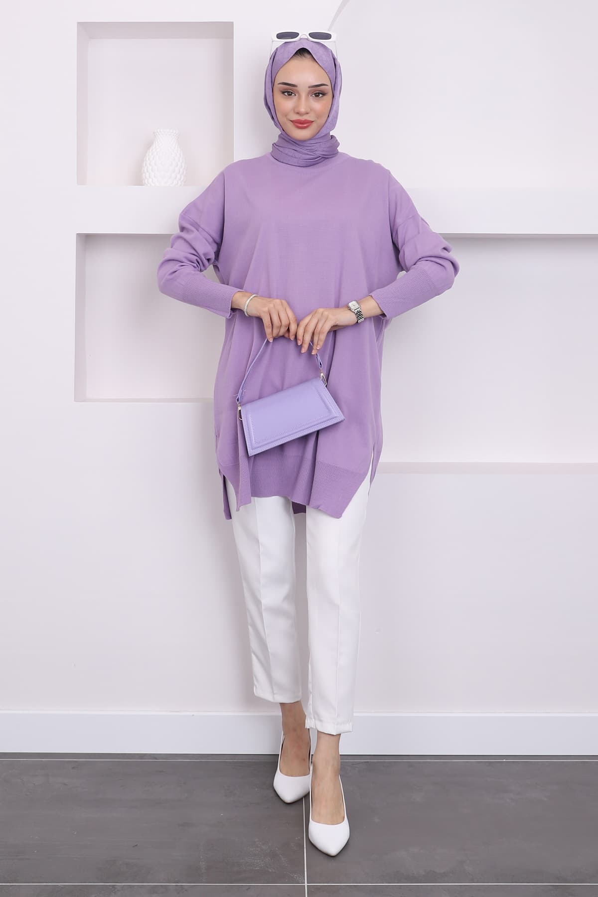 تونیک زنانه İmajButik تریکو مرسریزه یقه گرد یاسی گشاد تونیک زنانه İmajButik تریکو مرسریزه یقه گرد یاسی گشاد
